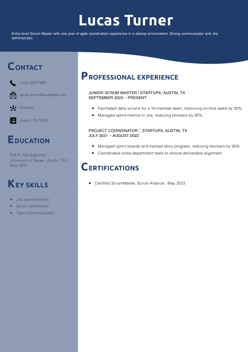 Entry Level Scrum Master Resume Example