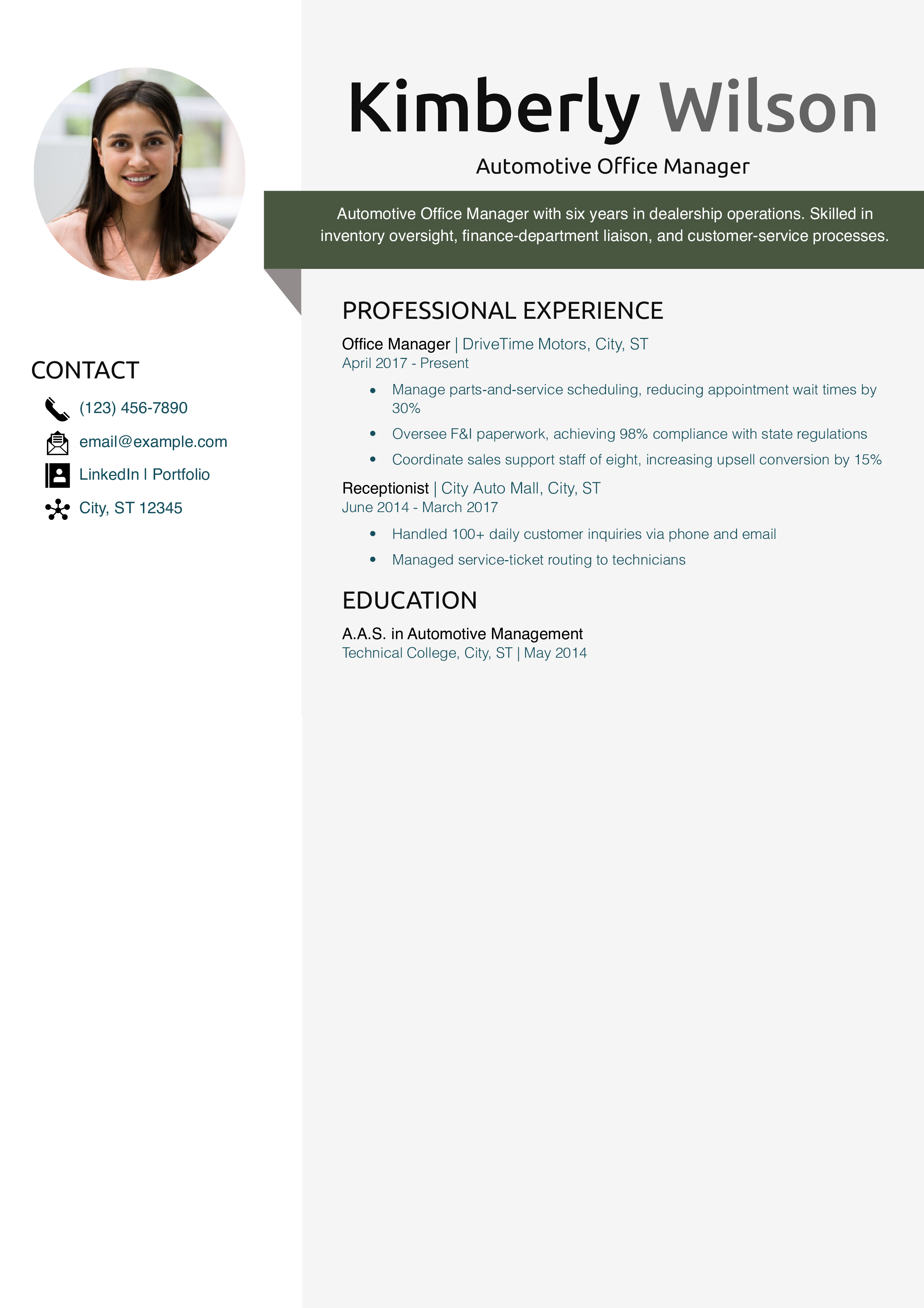 Automotive Office Manager Resume Example