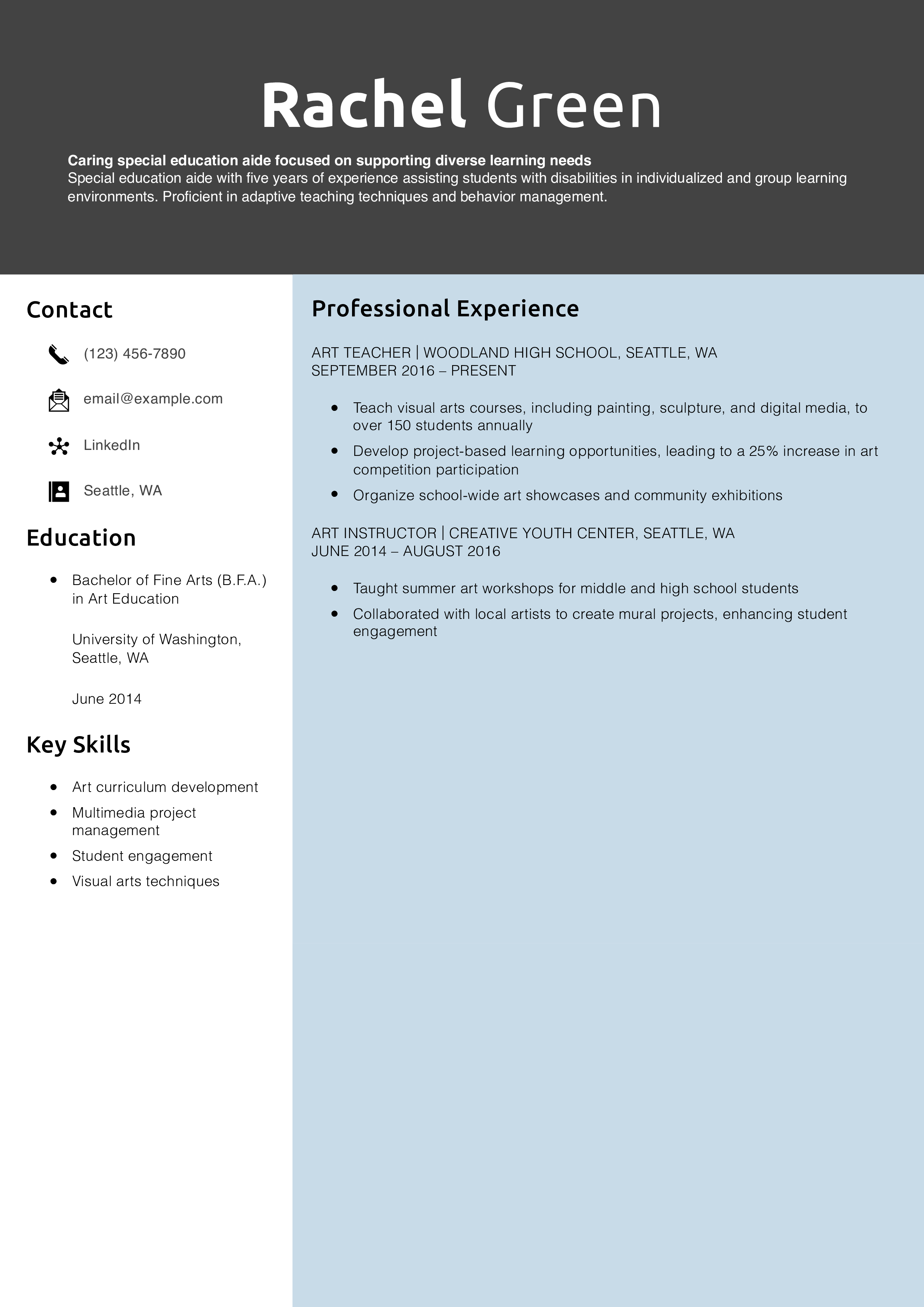 Art teacher resume example