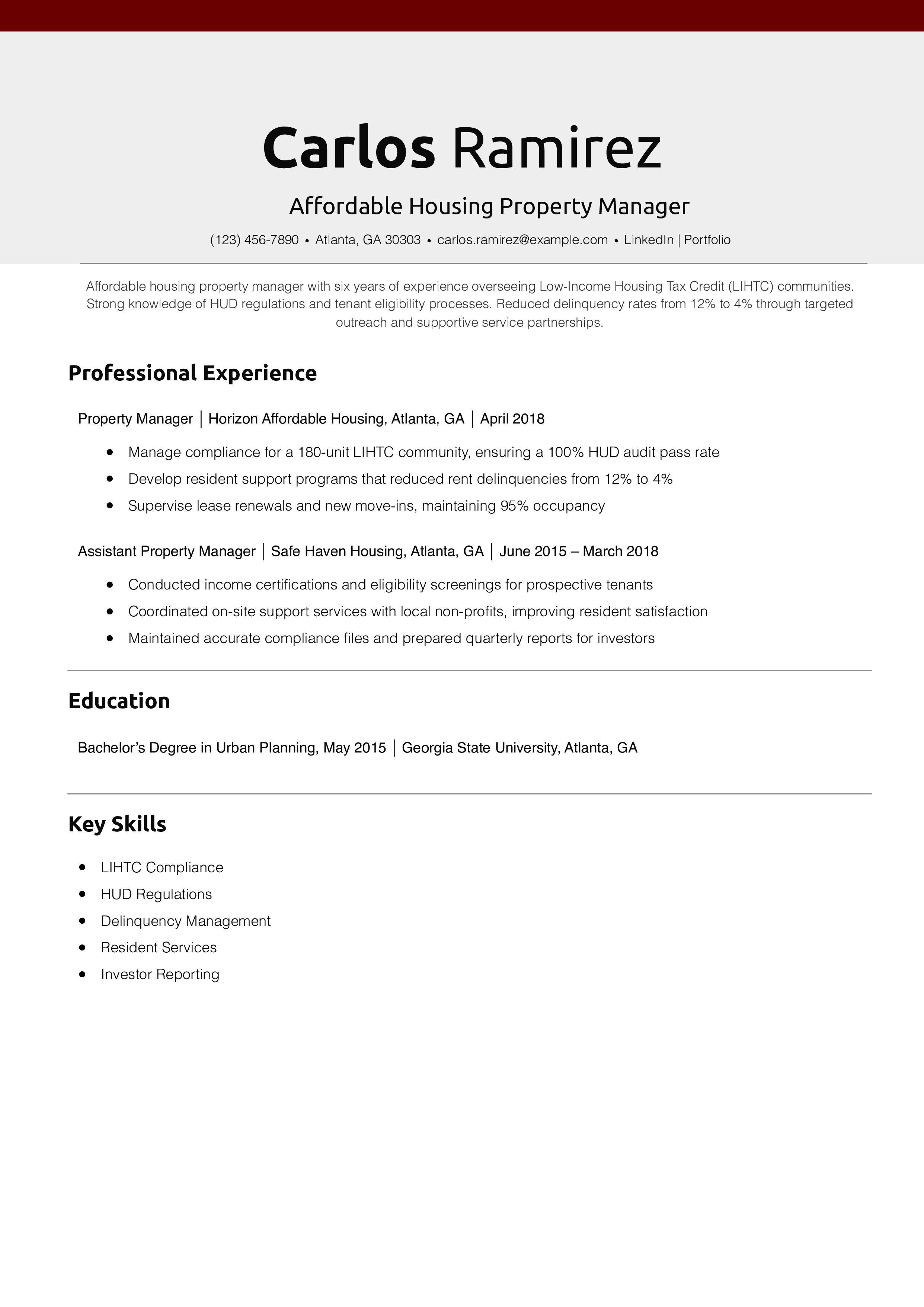 Affordable Housing Property Manager Resume Example