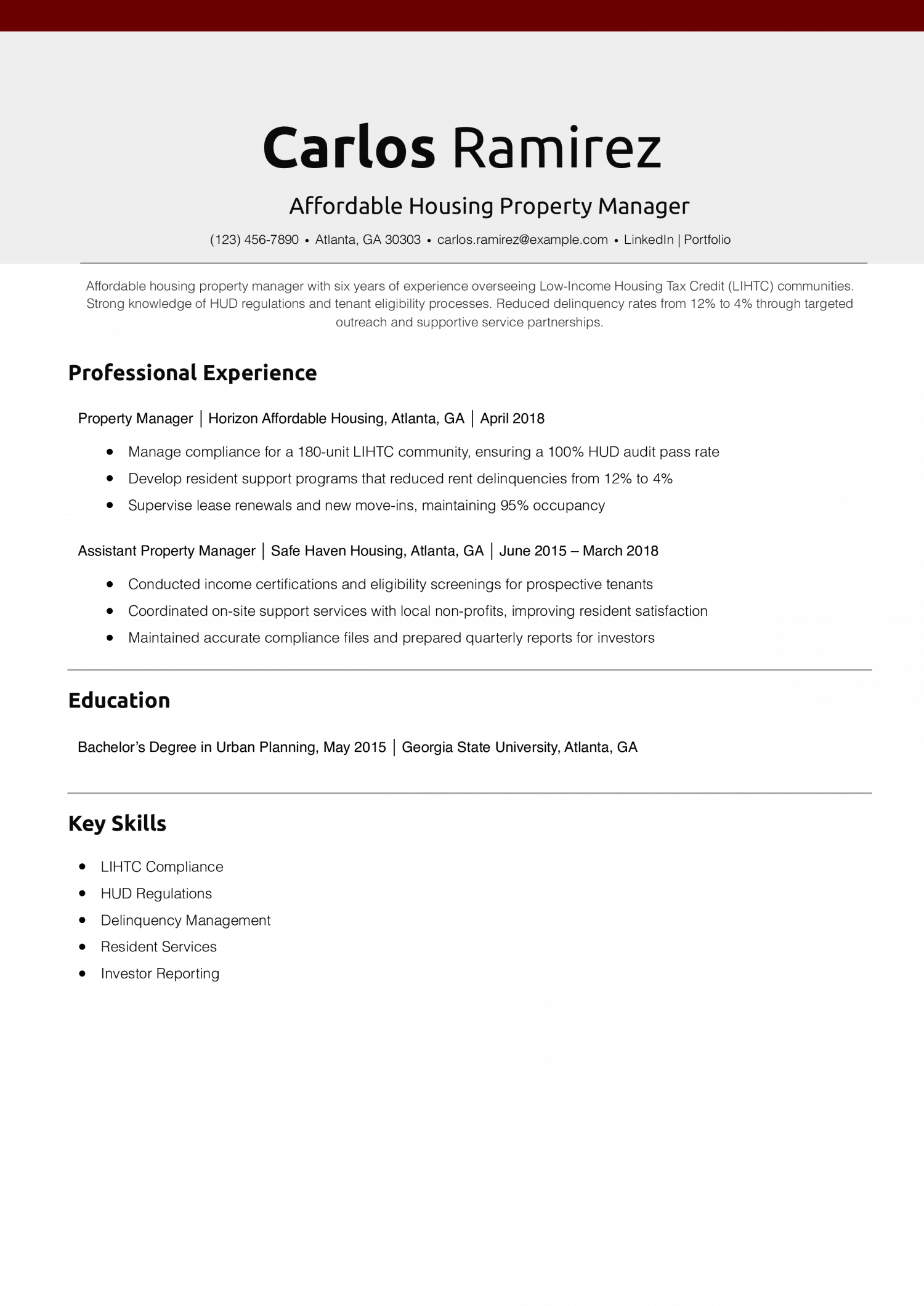 Affordable Housing Property Manager Resume Example
