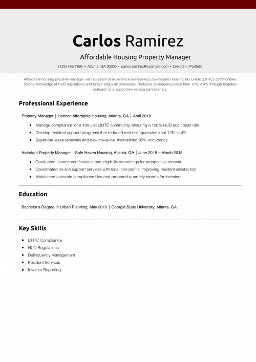 Affordable Housing Property Manager Resume Example