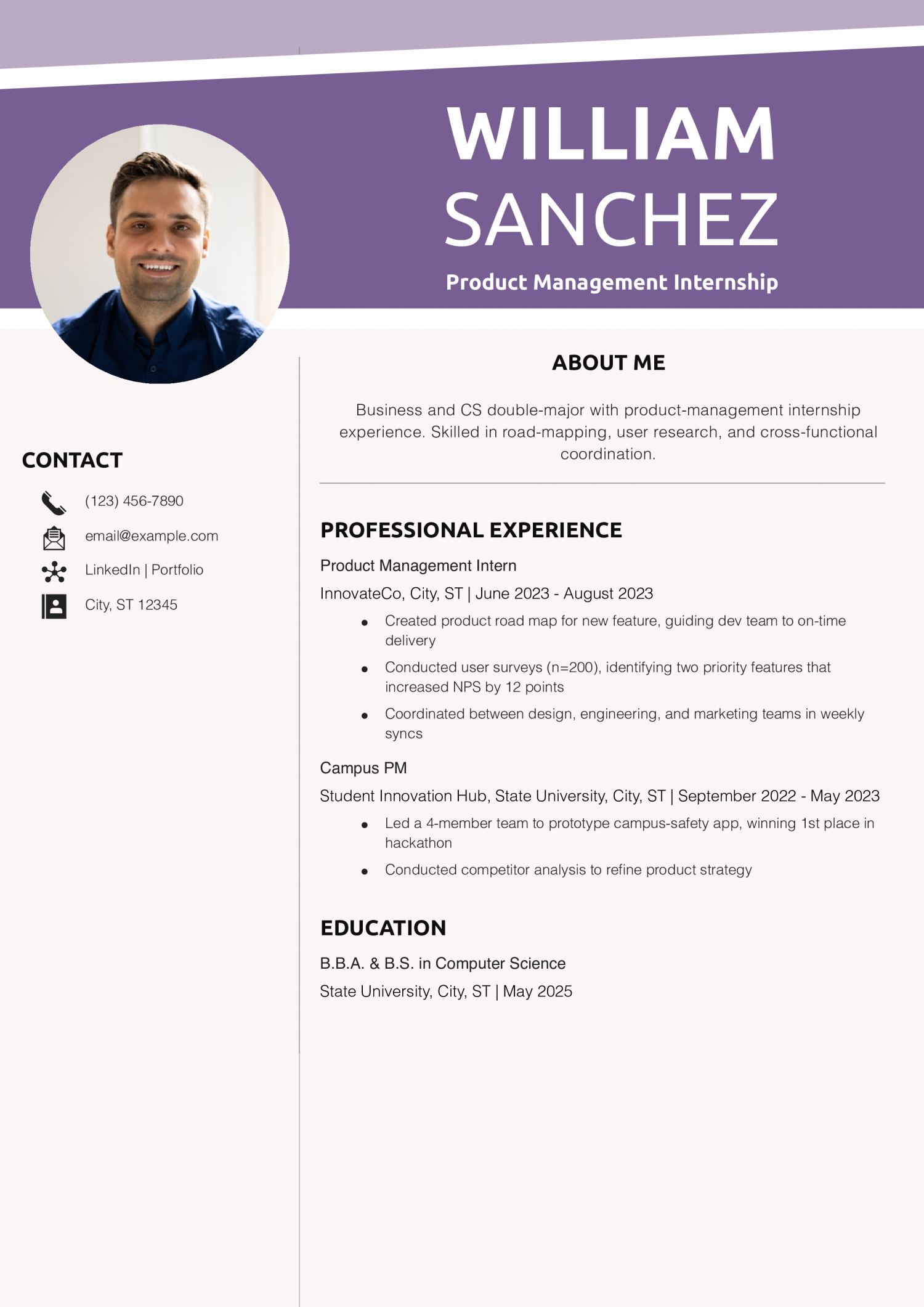 Product Management Internship Resume Example