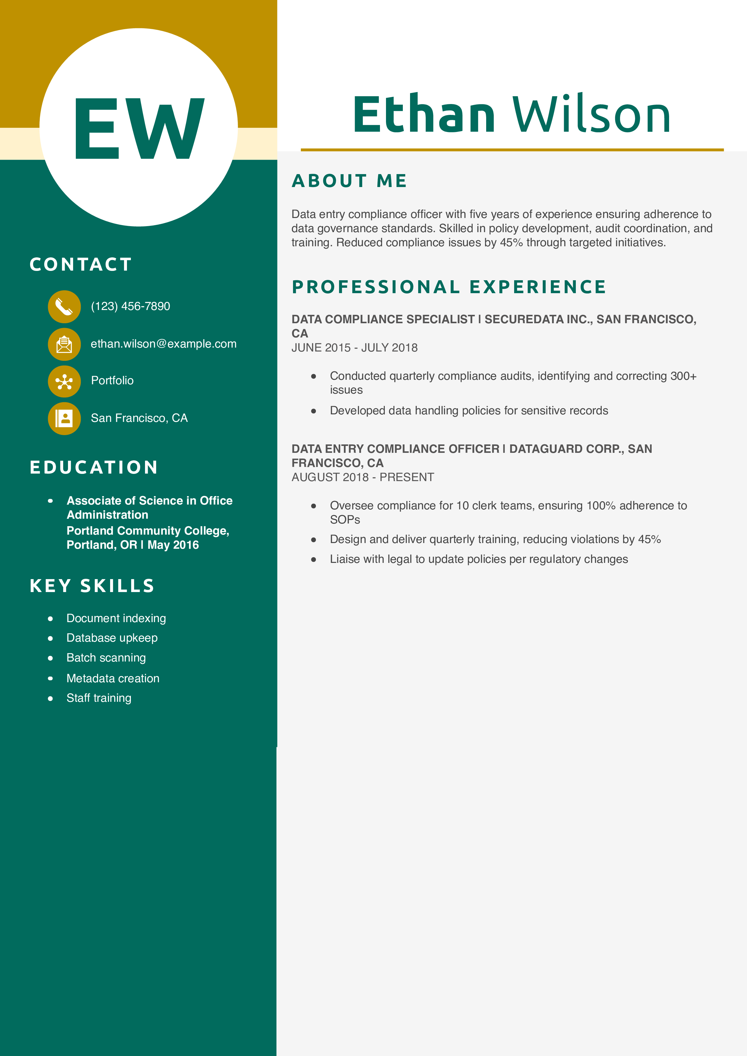 Data Entry Compliance Officer Resume Example