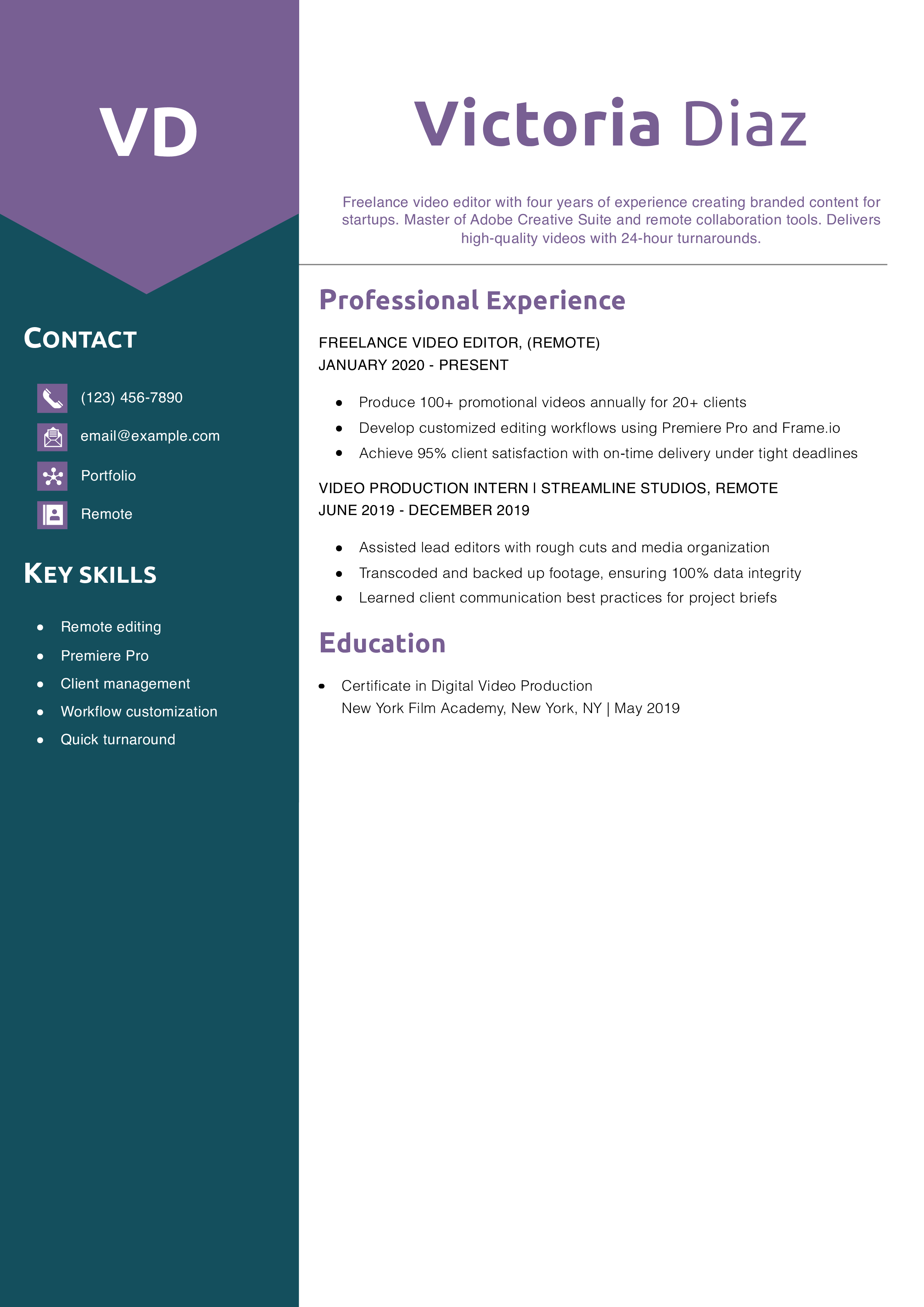 Freelance Video Editor Resume Example