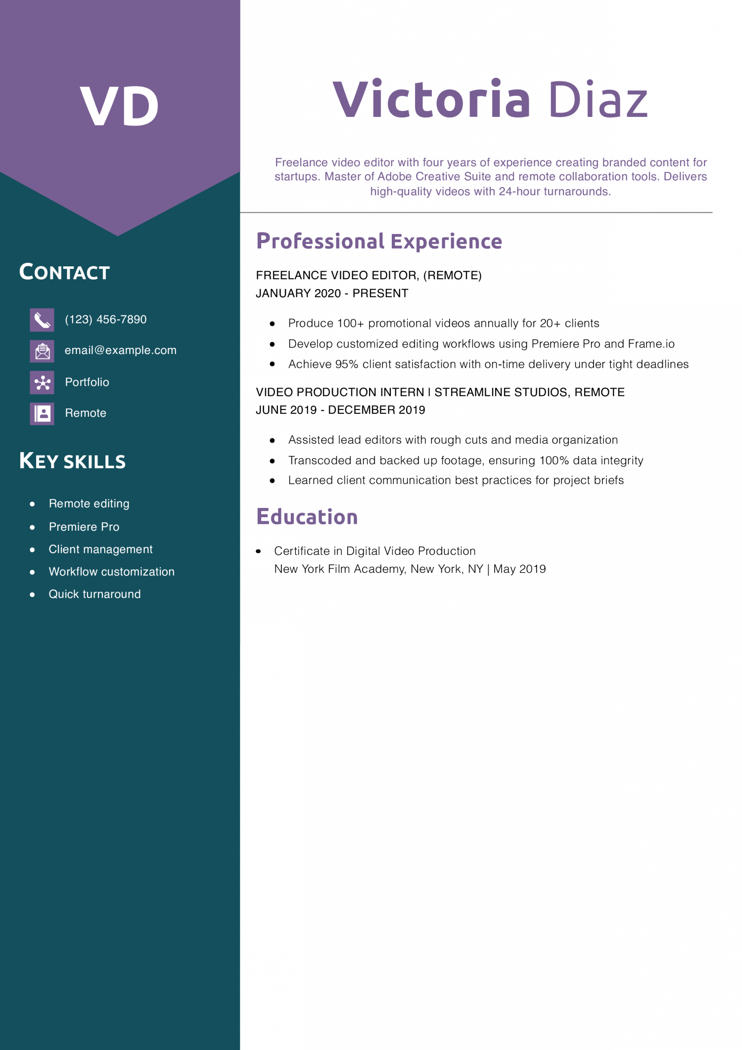 Freelance Video Editor Resume Example
