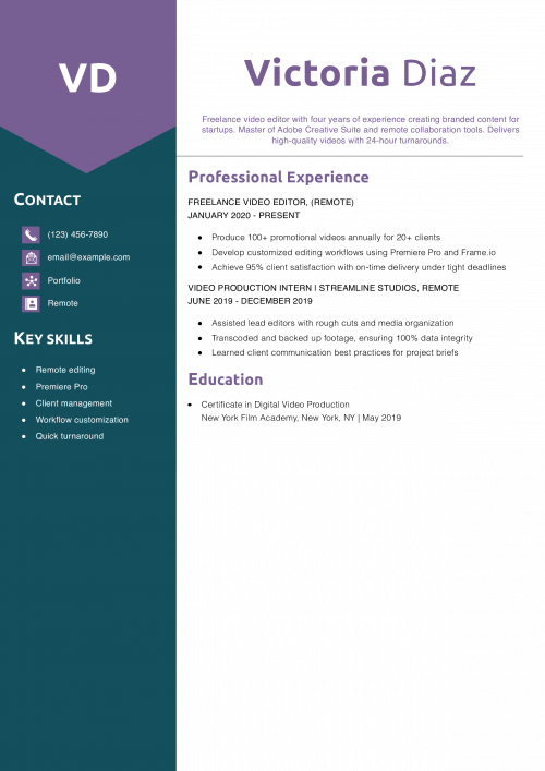 Freelance Video Editor Resume Example
