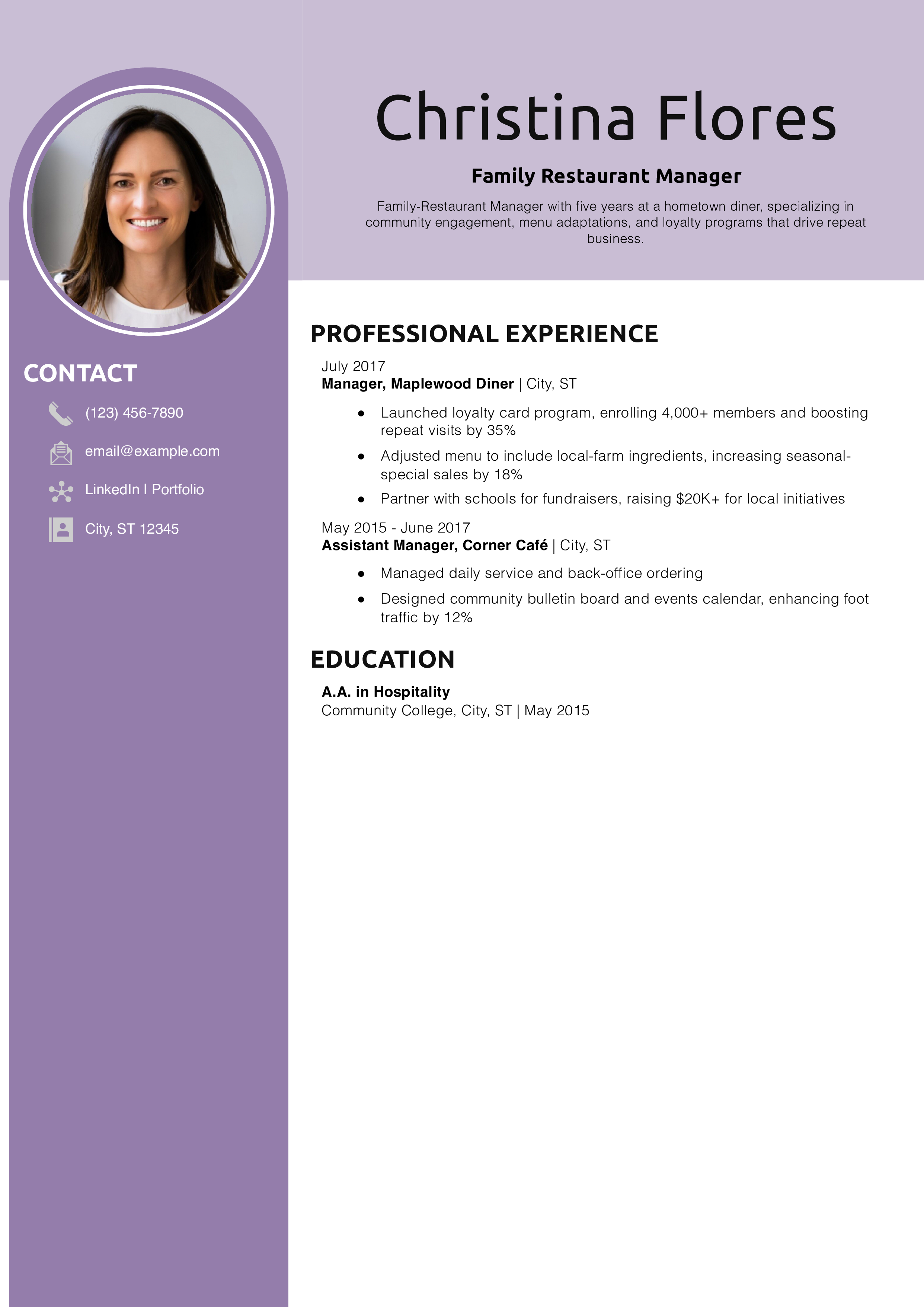 Family Restaurant Manager Resume Example