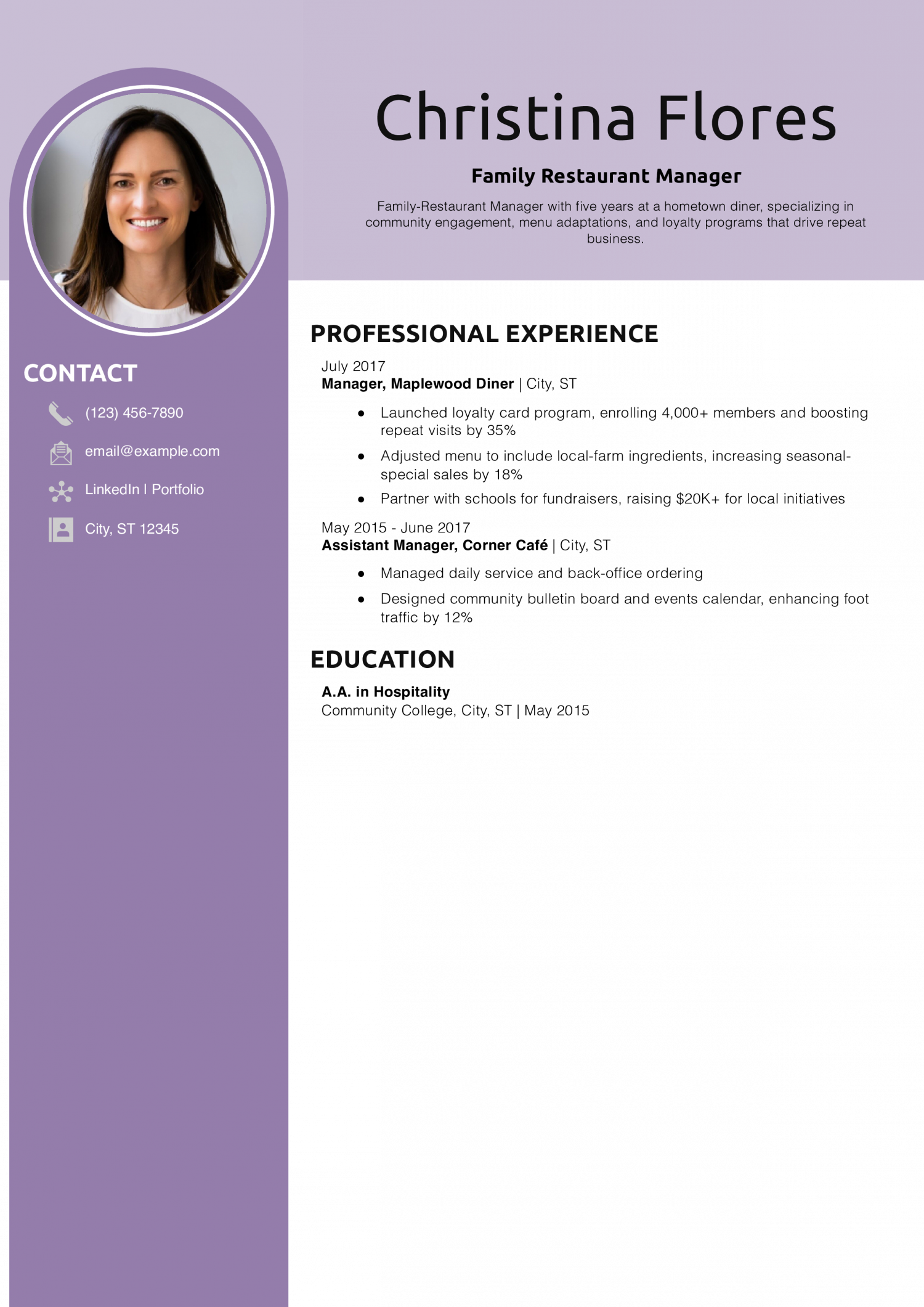 Family Restaurant Manager Resume Example