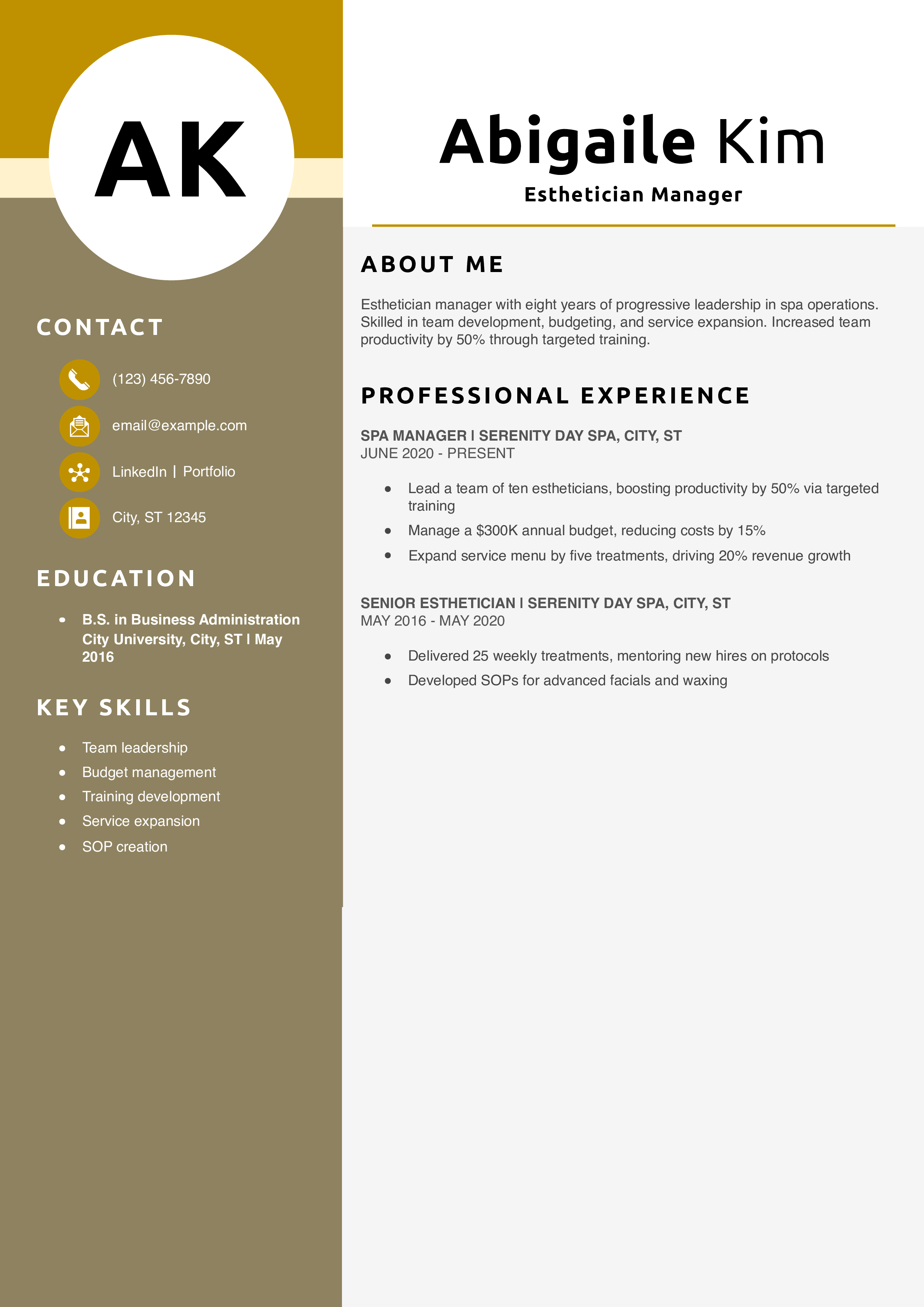 Esthetician Manager Resume Example