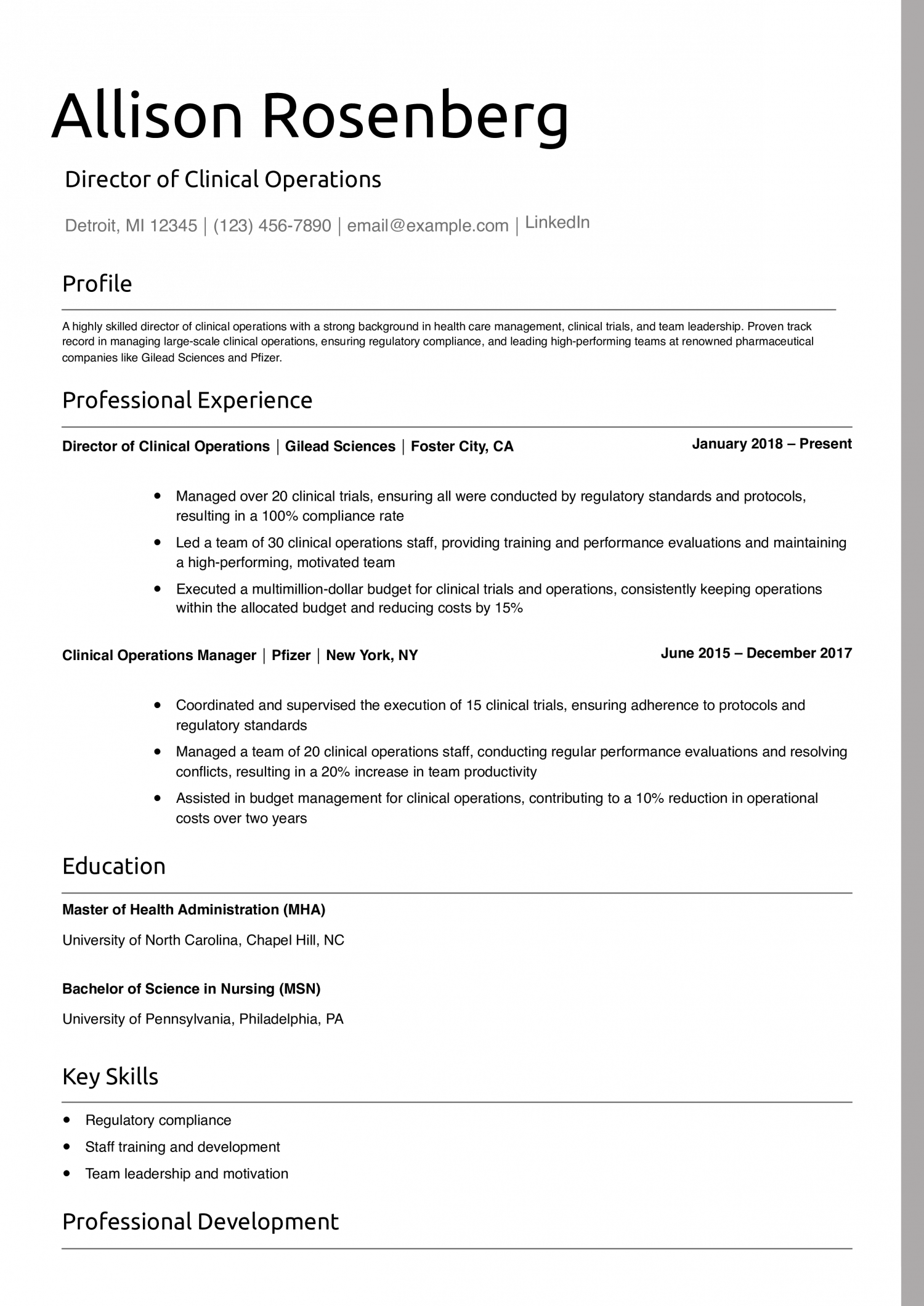 Director of Clinical Operations Resume Example