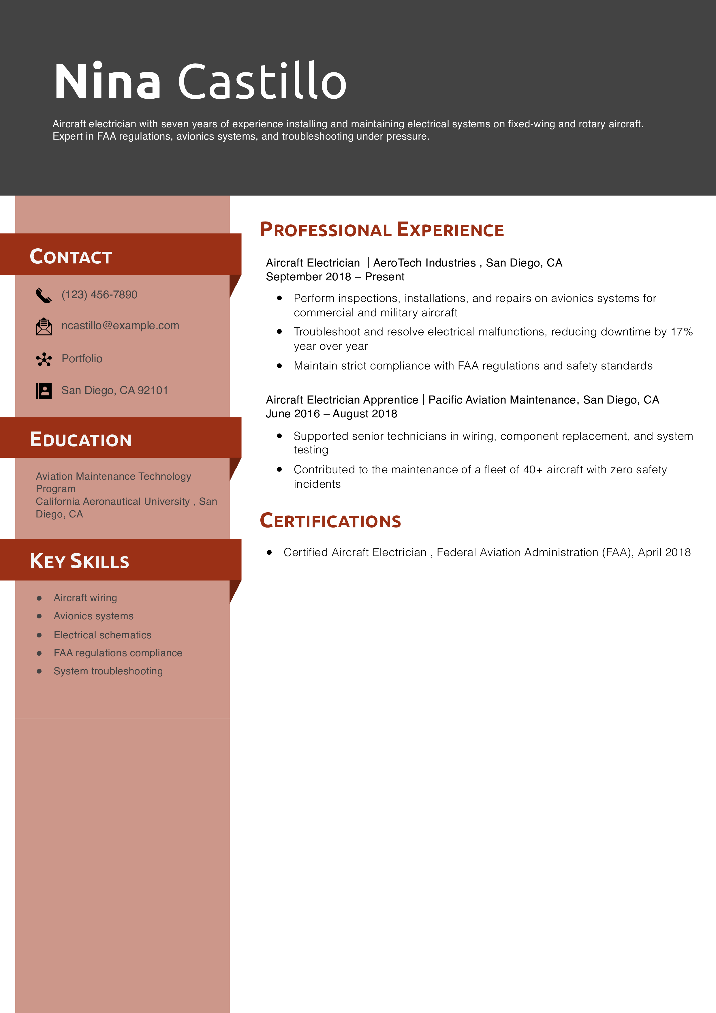 Aircraft Electrician Resume Example