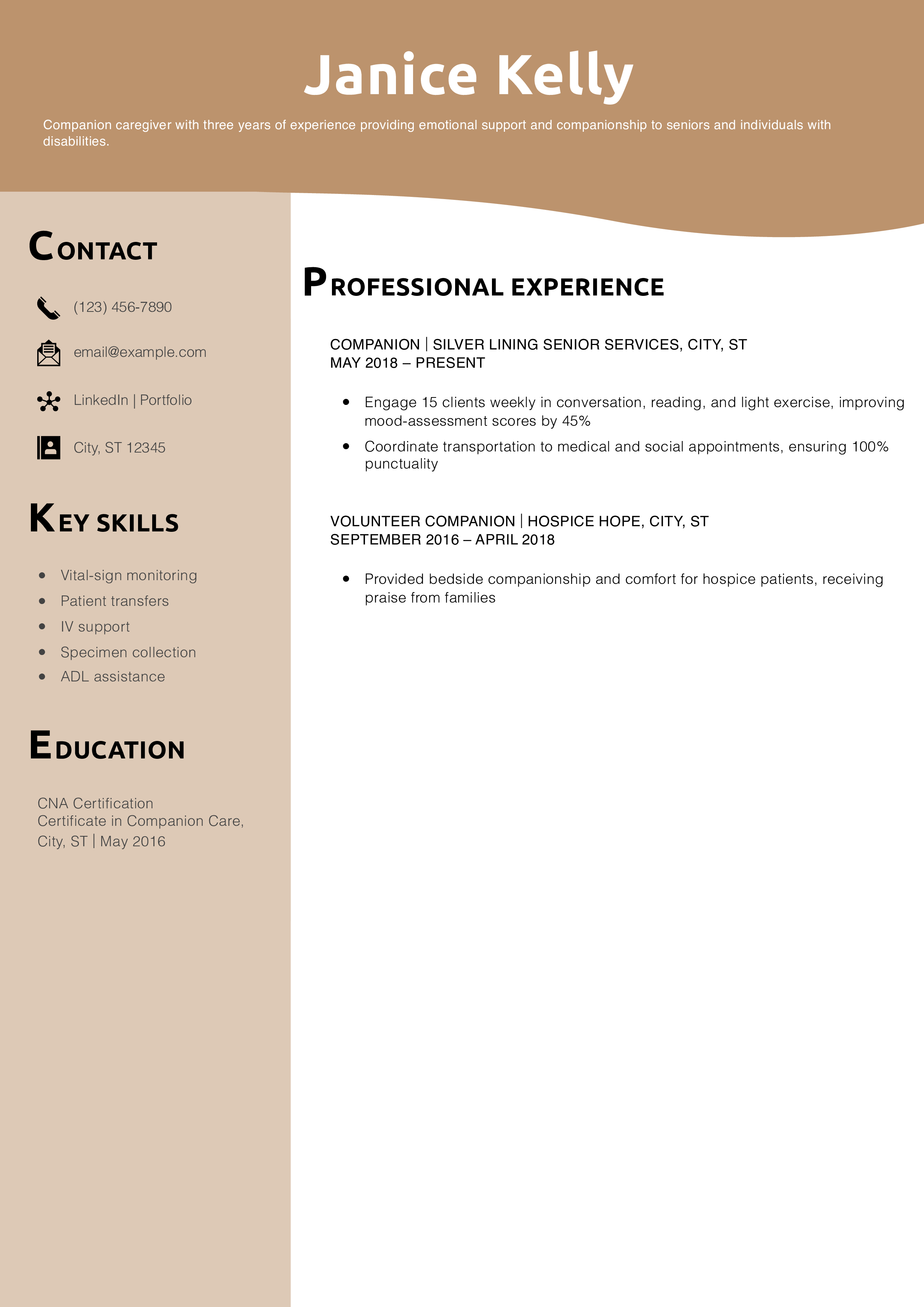 Companion Caregiver Resume Example