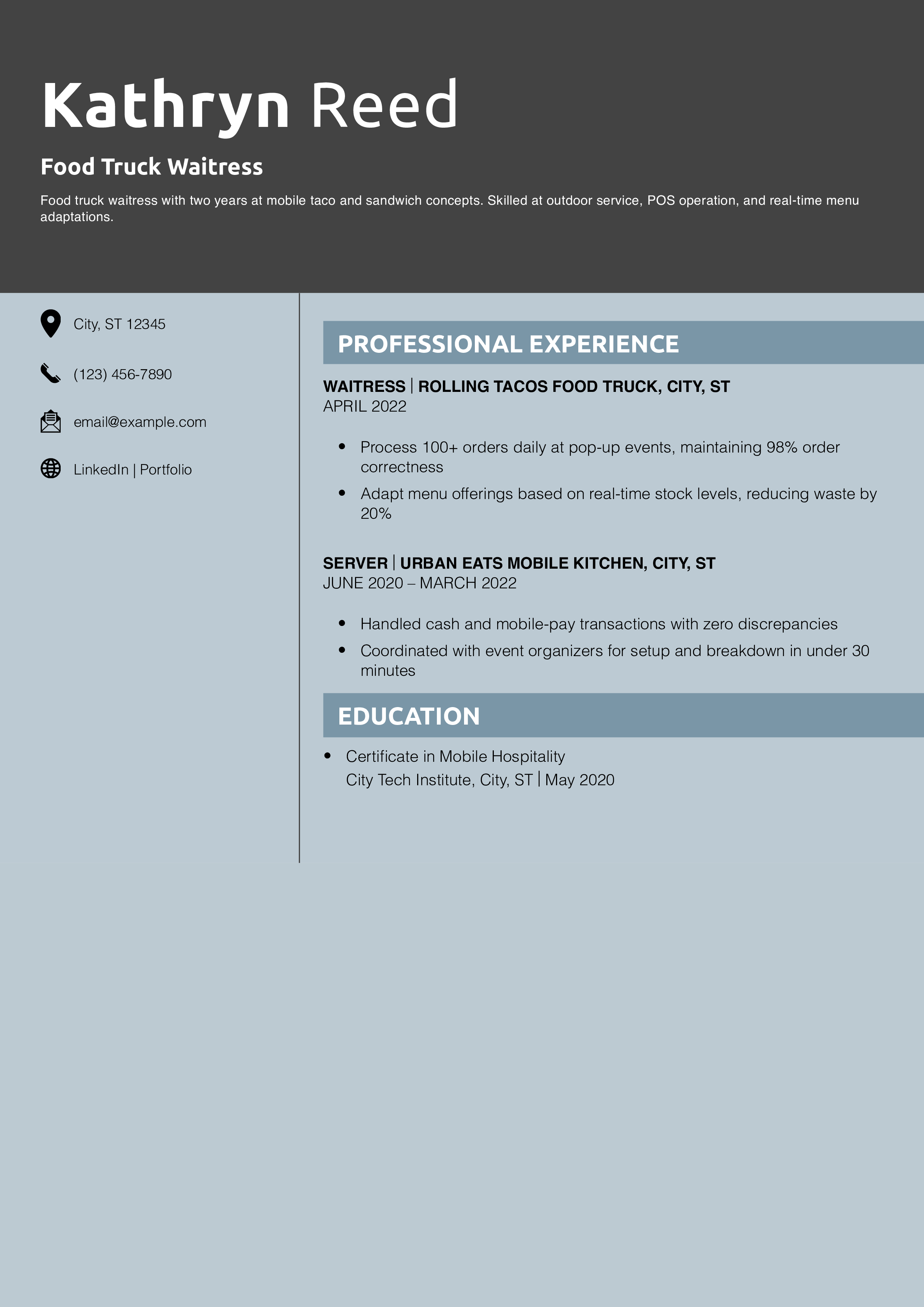 Food Truck Waitress Resume Example