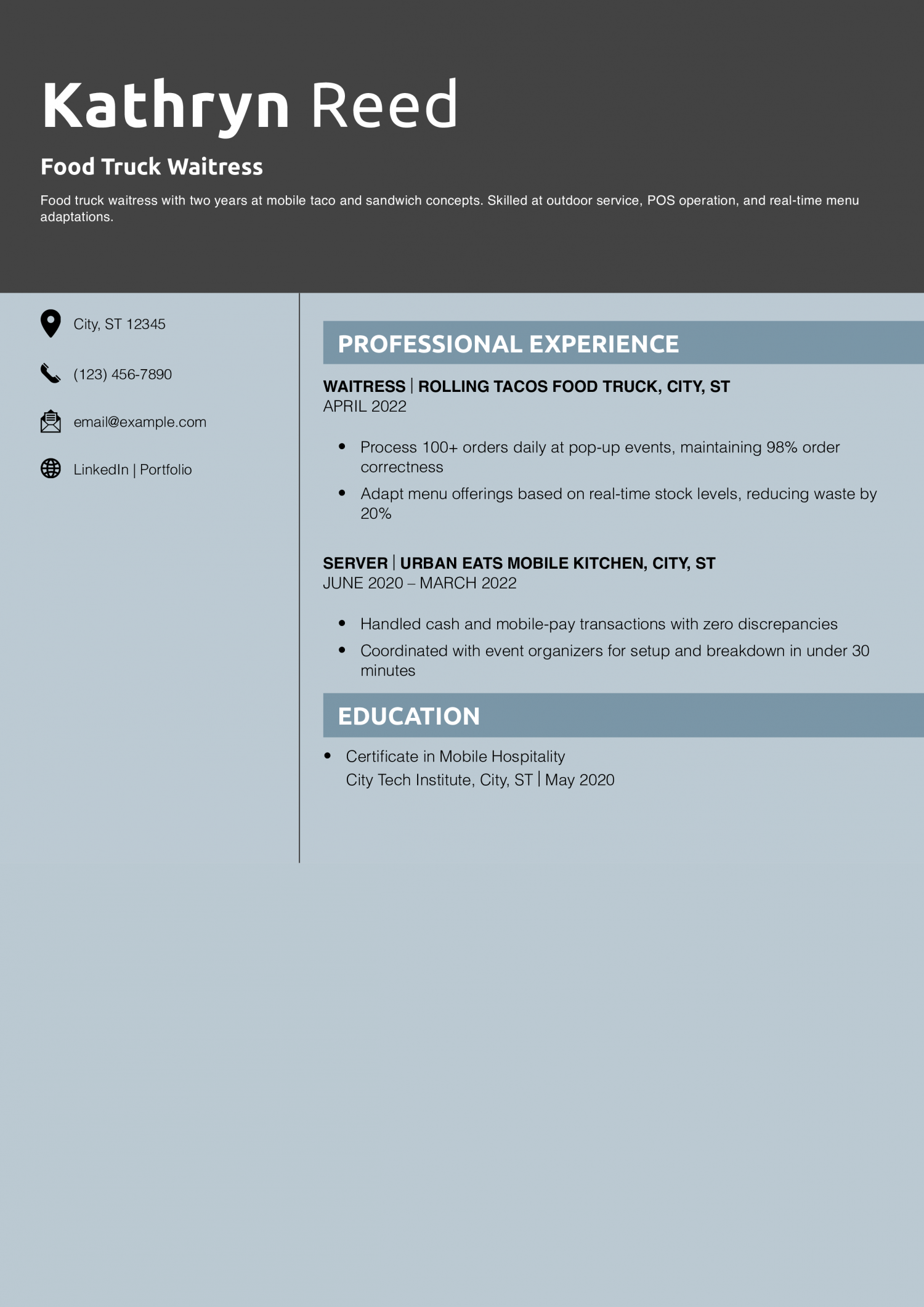 Food Truck Waitress Resume Example