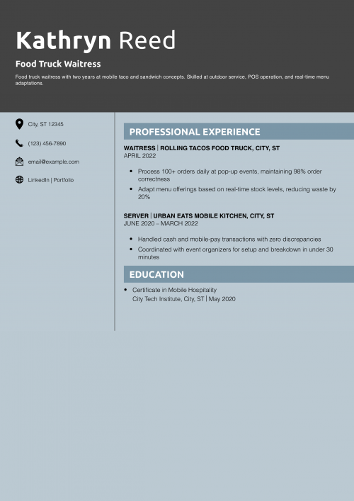 Food Truck Waitress Resume Example