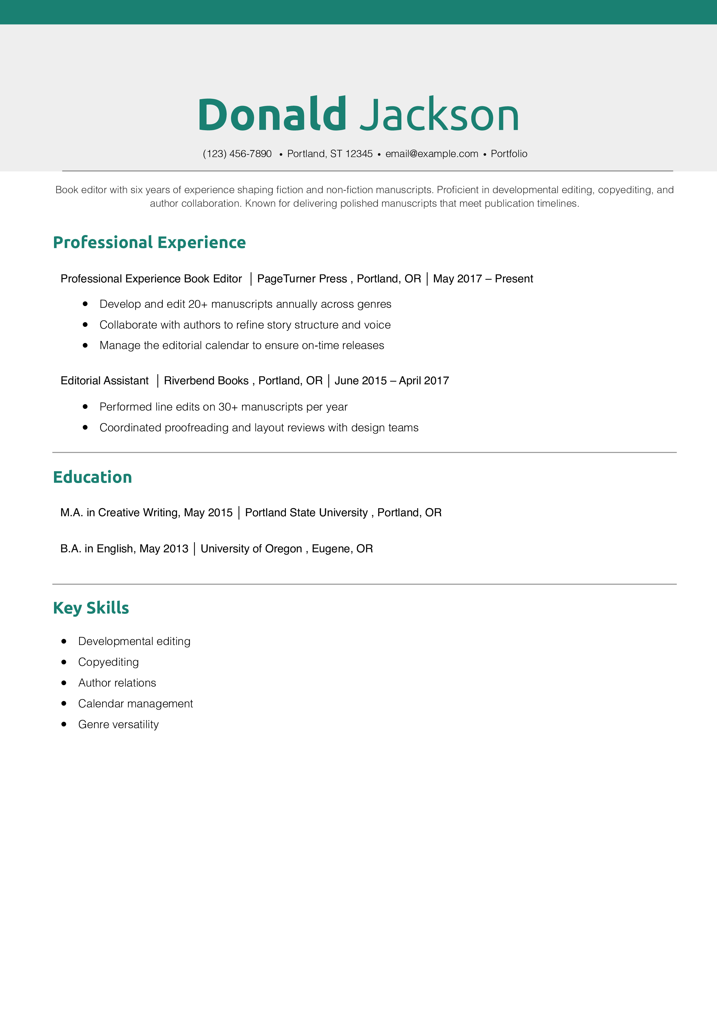 Book Editor Resume Example