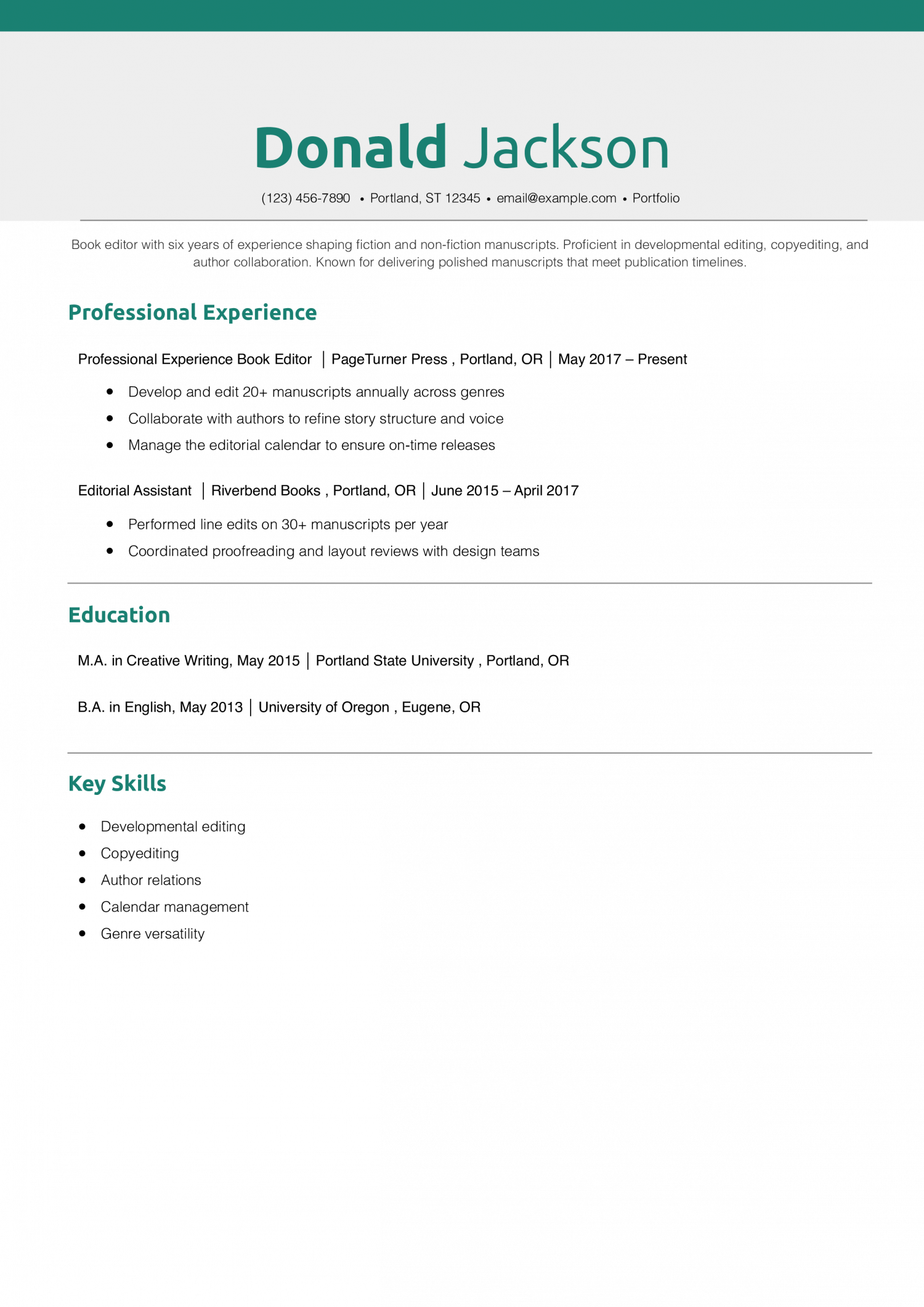 Book Editor Resume Example