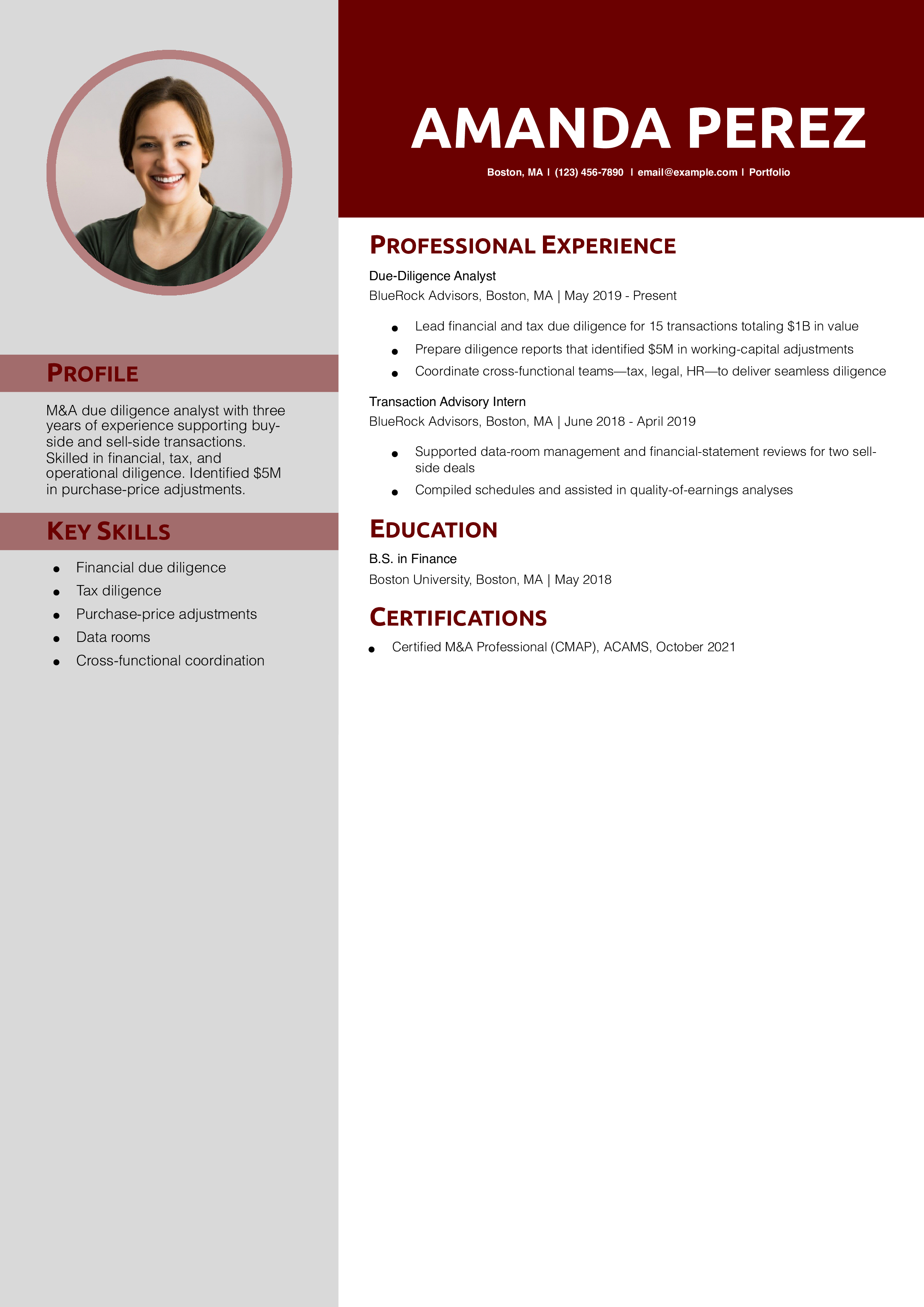 M&A Due-Diligence Analyst Resume Example