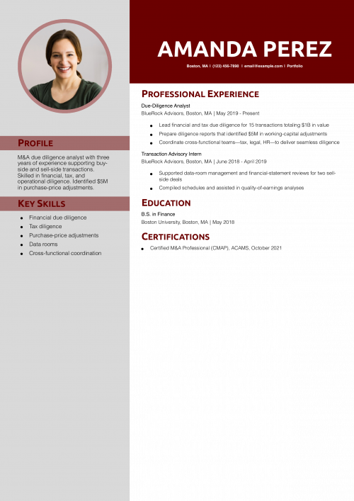 M&A Due-Diligence Analyst Resume Example