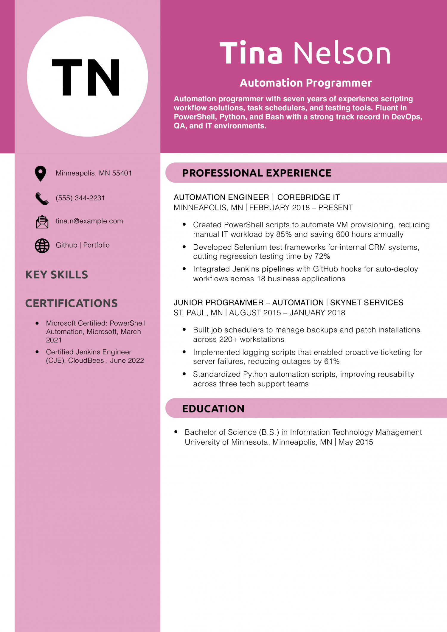 Automation Programmer Resume Example