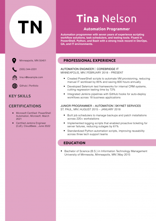 Automation Programmer Resume Example