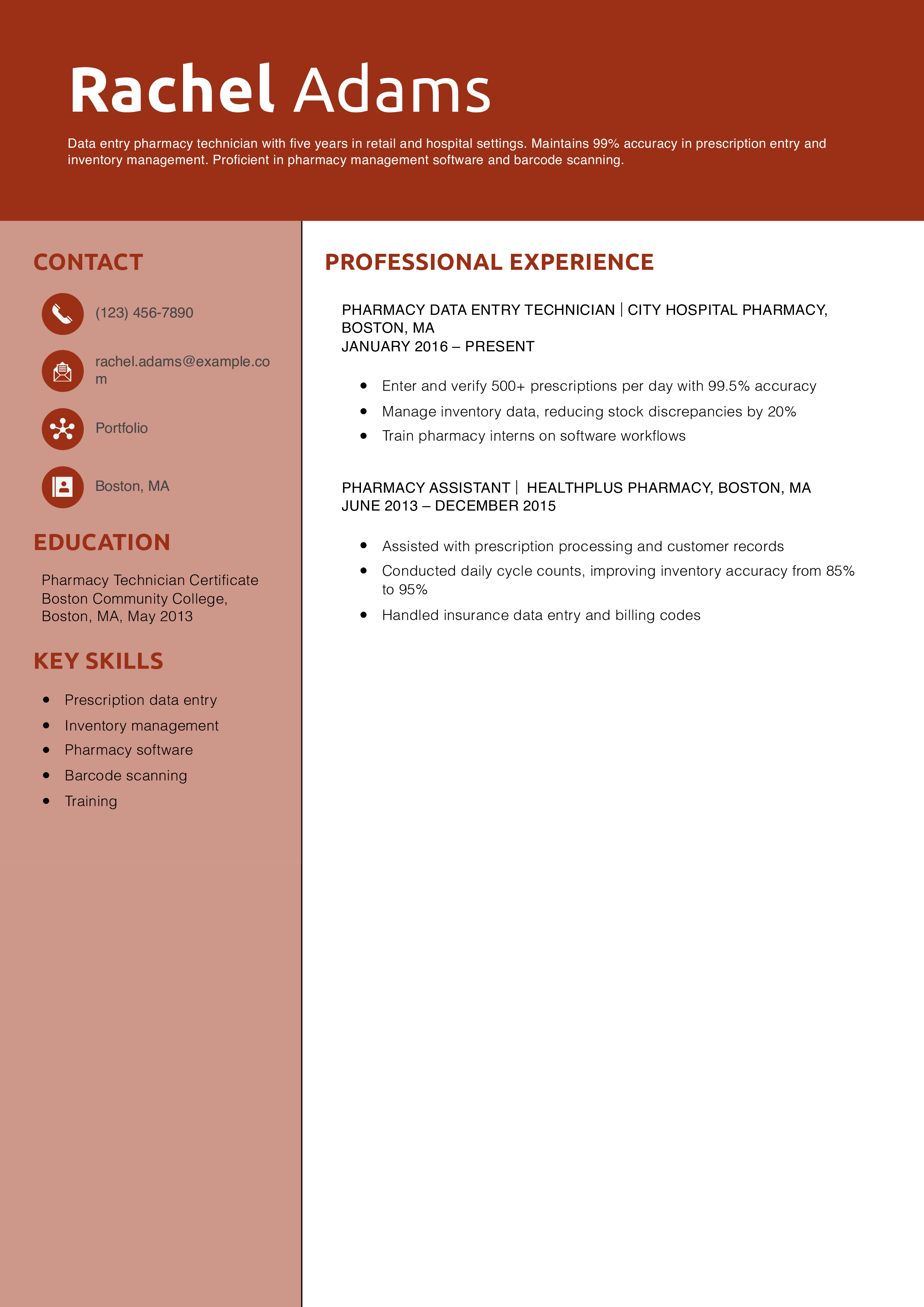 Data Entry Pharmacy Technician Resume Example