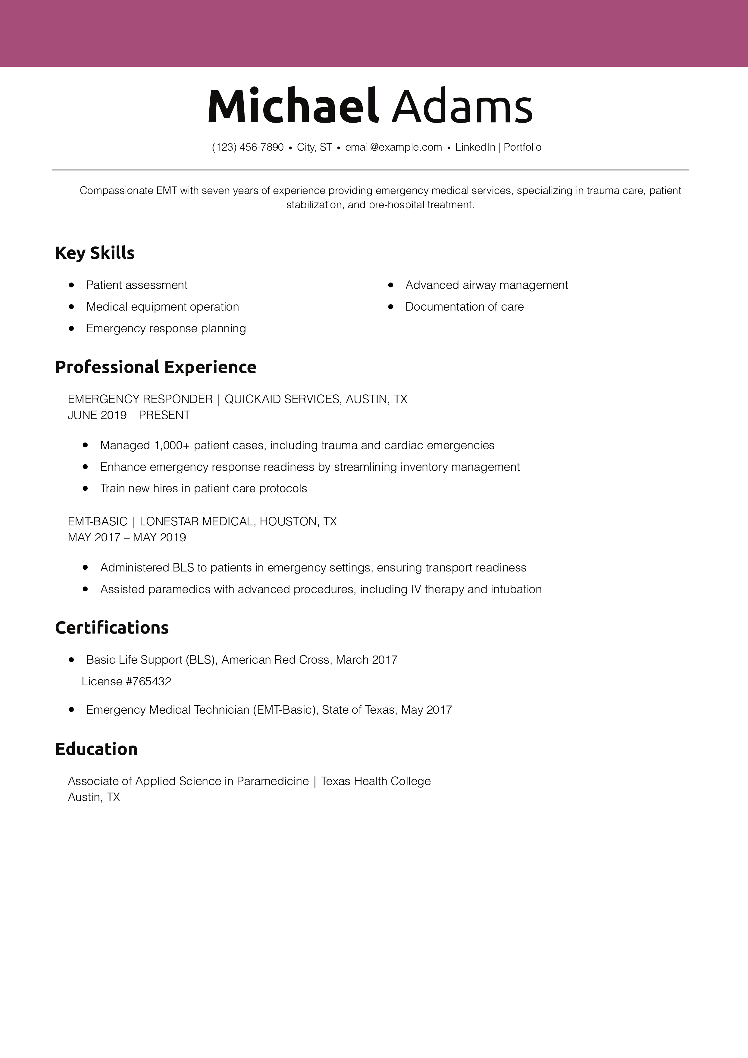EMT Resume Skills Example