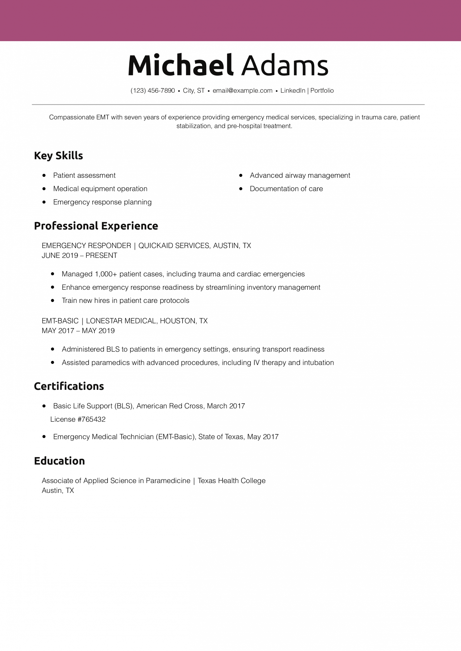 EMT Resume Skills Example