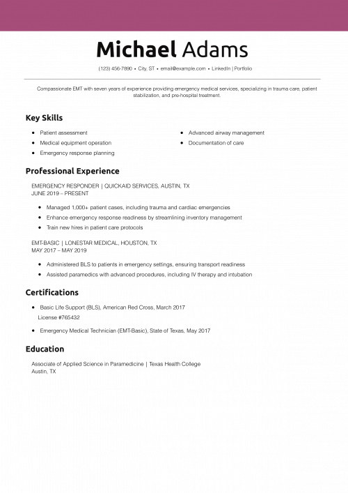 EMT Resume Skills Example