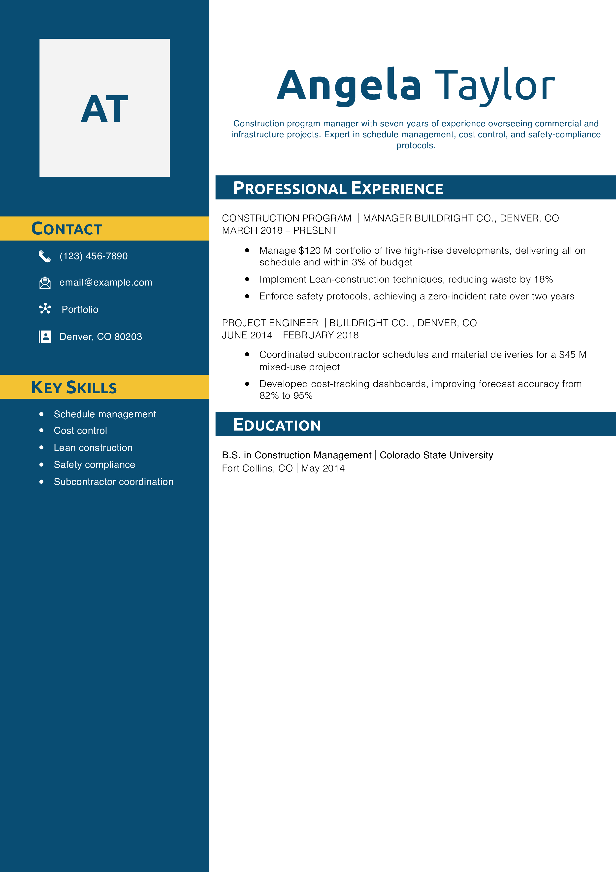 Construction Program Manager Resume Example