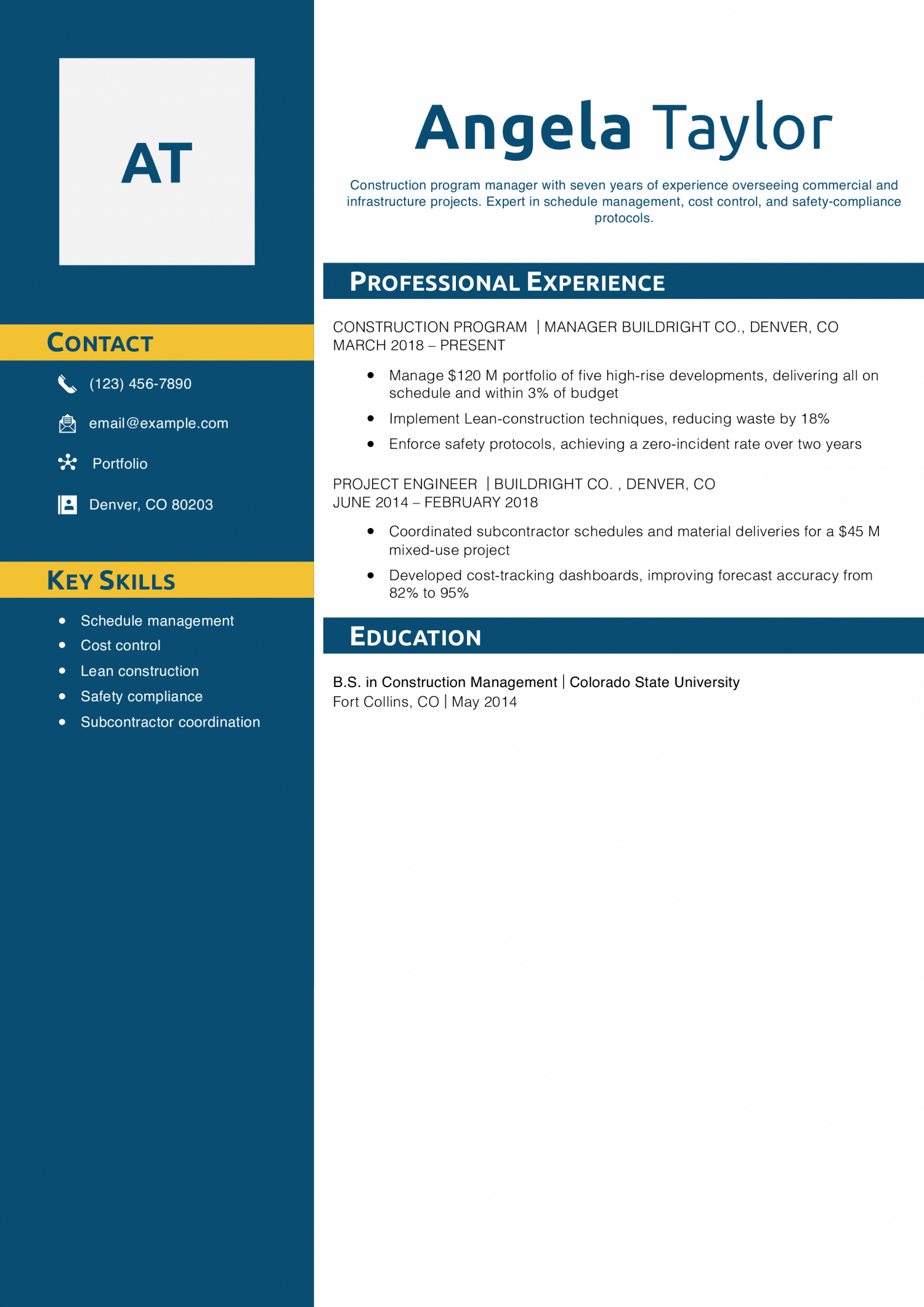 Construction Program Manager Resume Example