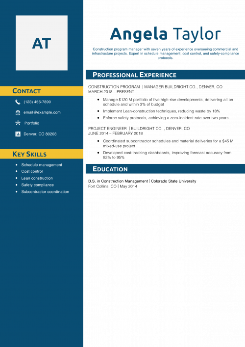 Construction Program Manager Resume Example