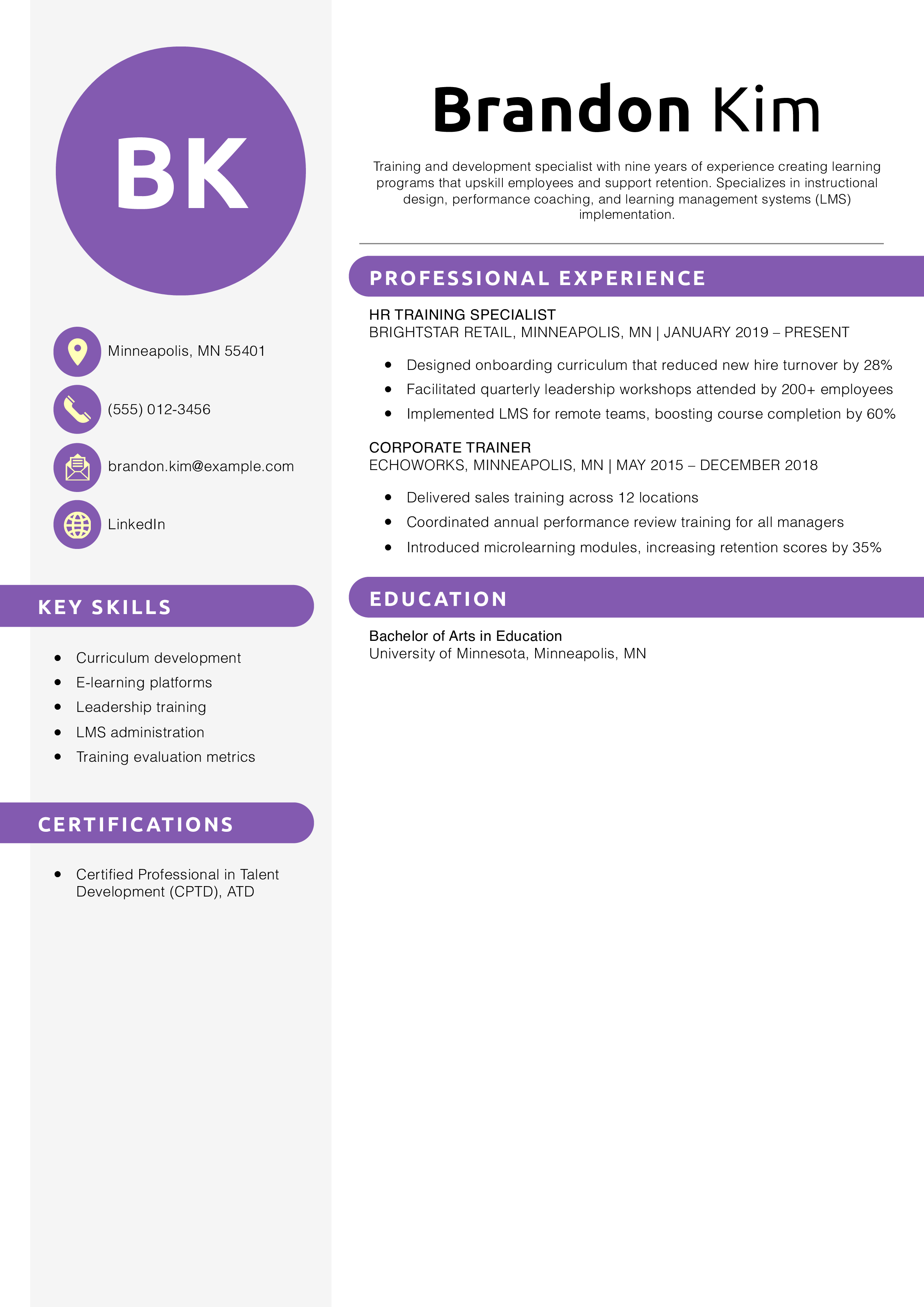 HR Training and Development Specialist Resume Example