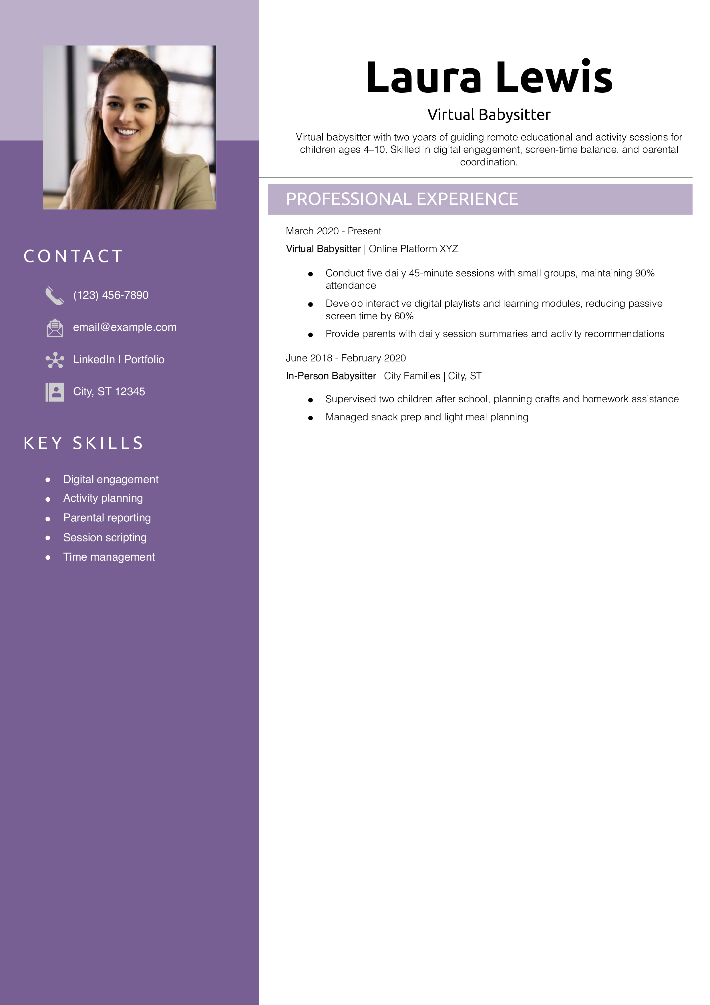 Virtual Babysitter Resume Example