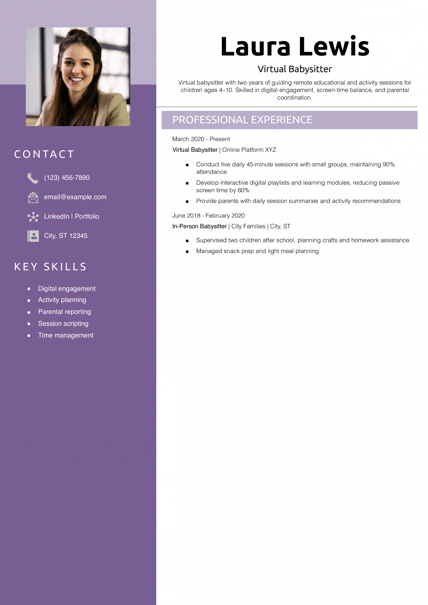 Virtual Babysitter Resume Example