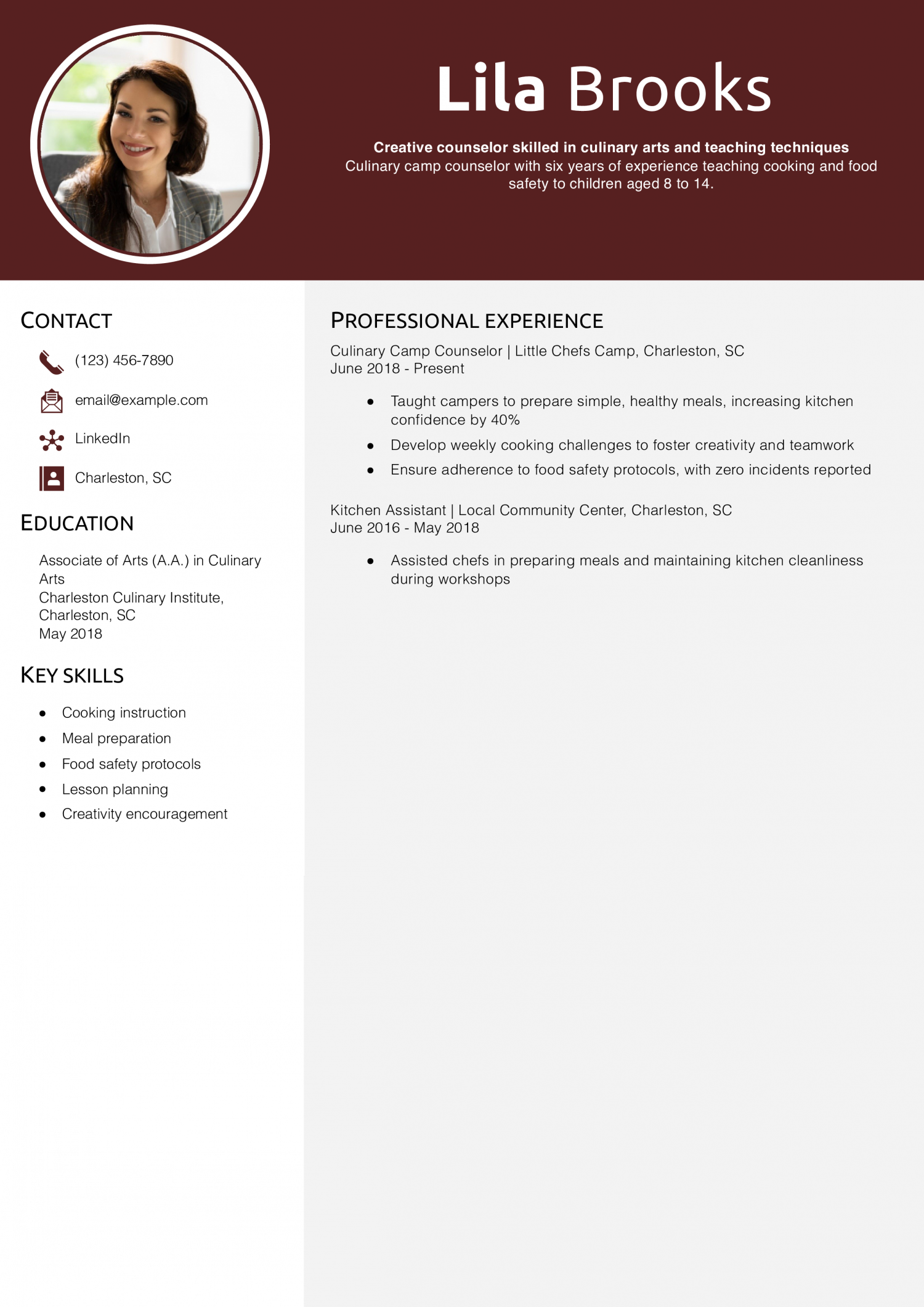 Culinary Camp Counselor Resume
