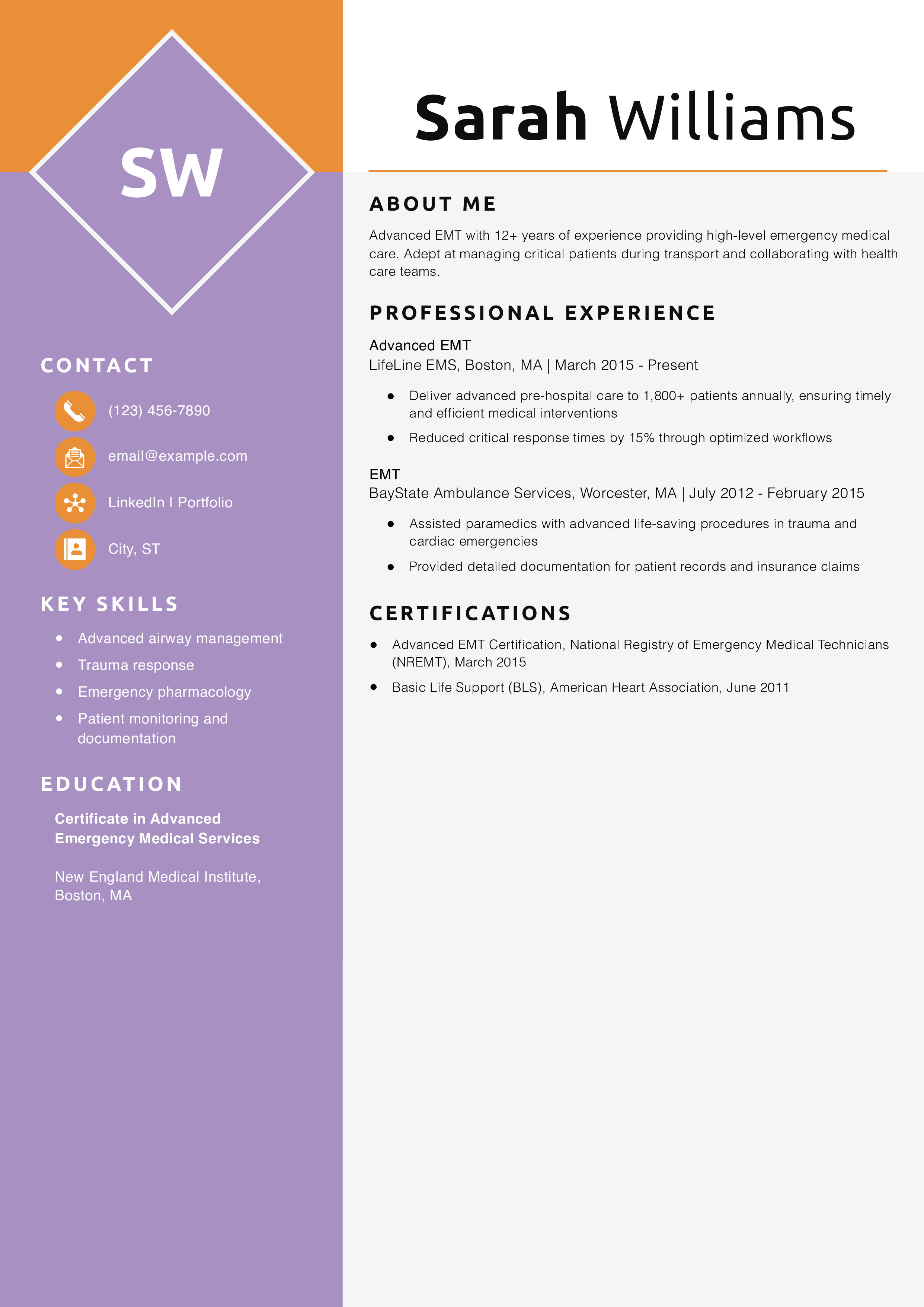 Advanced EMT Resume Example
