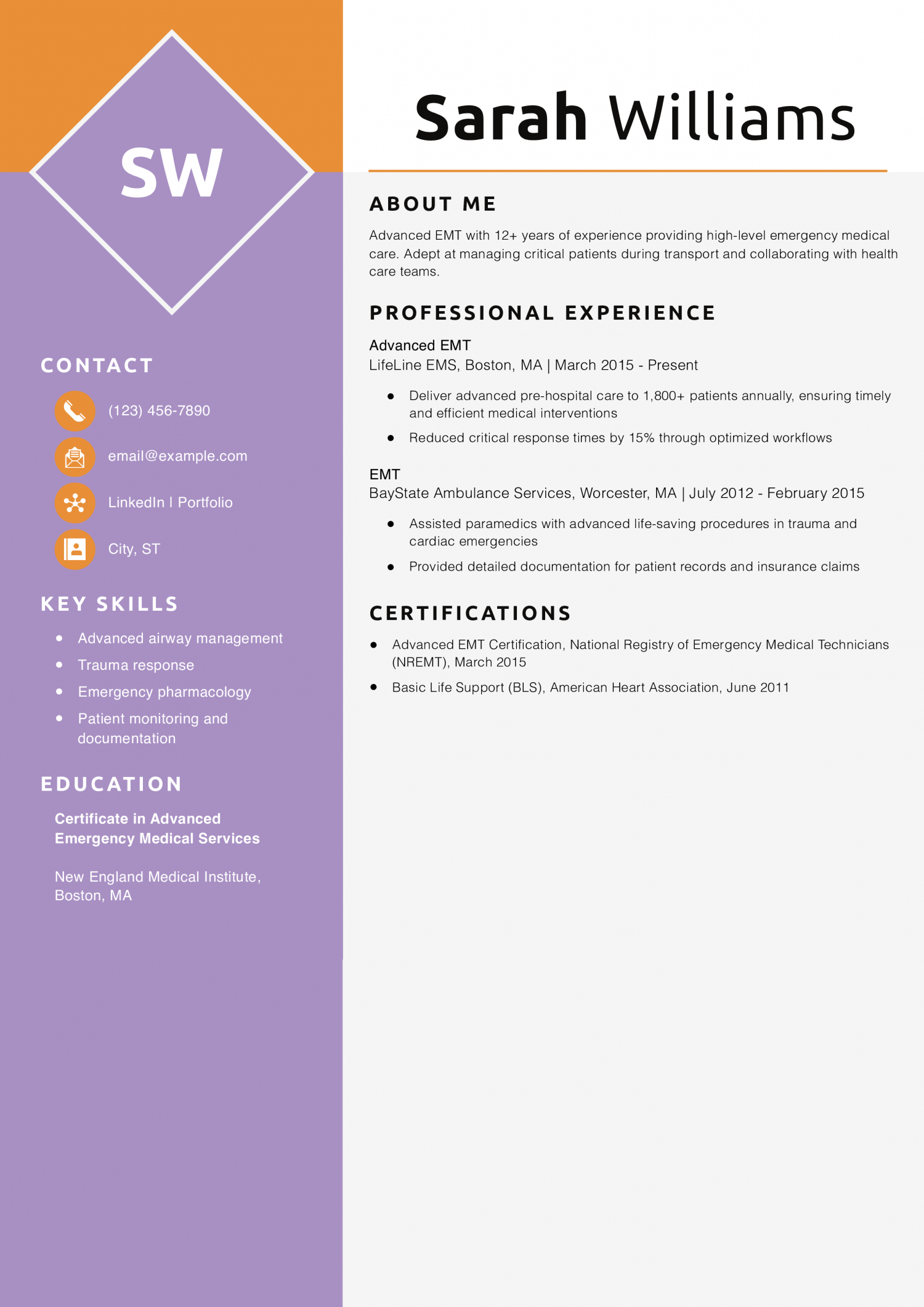Advanced EMT Resume Example
