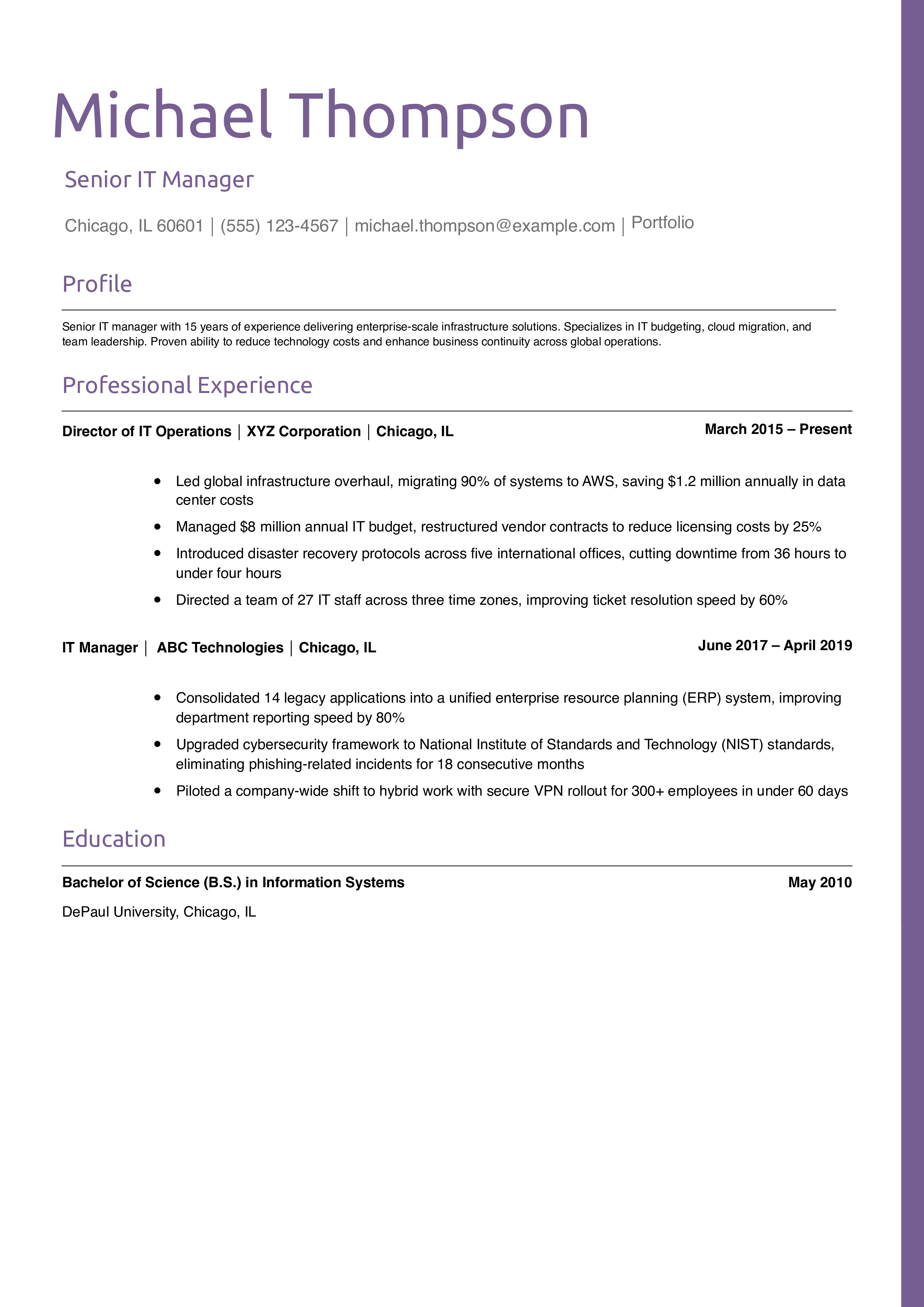 Senior IT Manager Resume Example