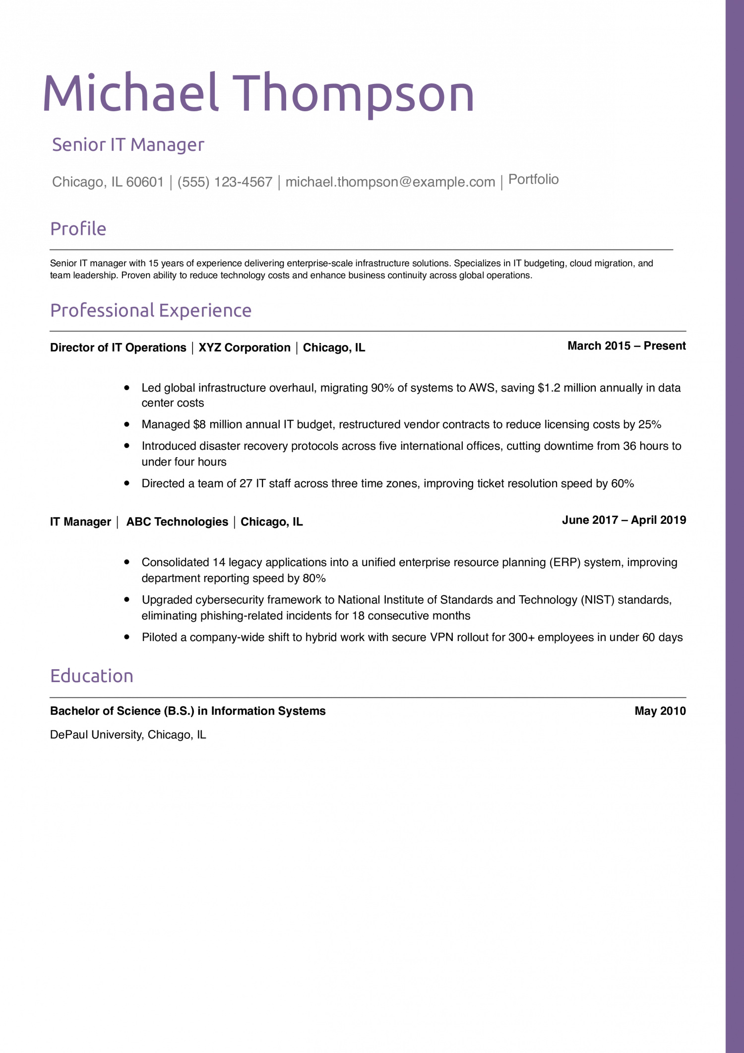 Senior IT Manager Resume Example