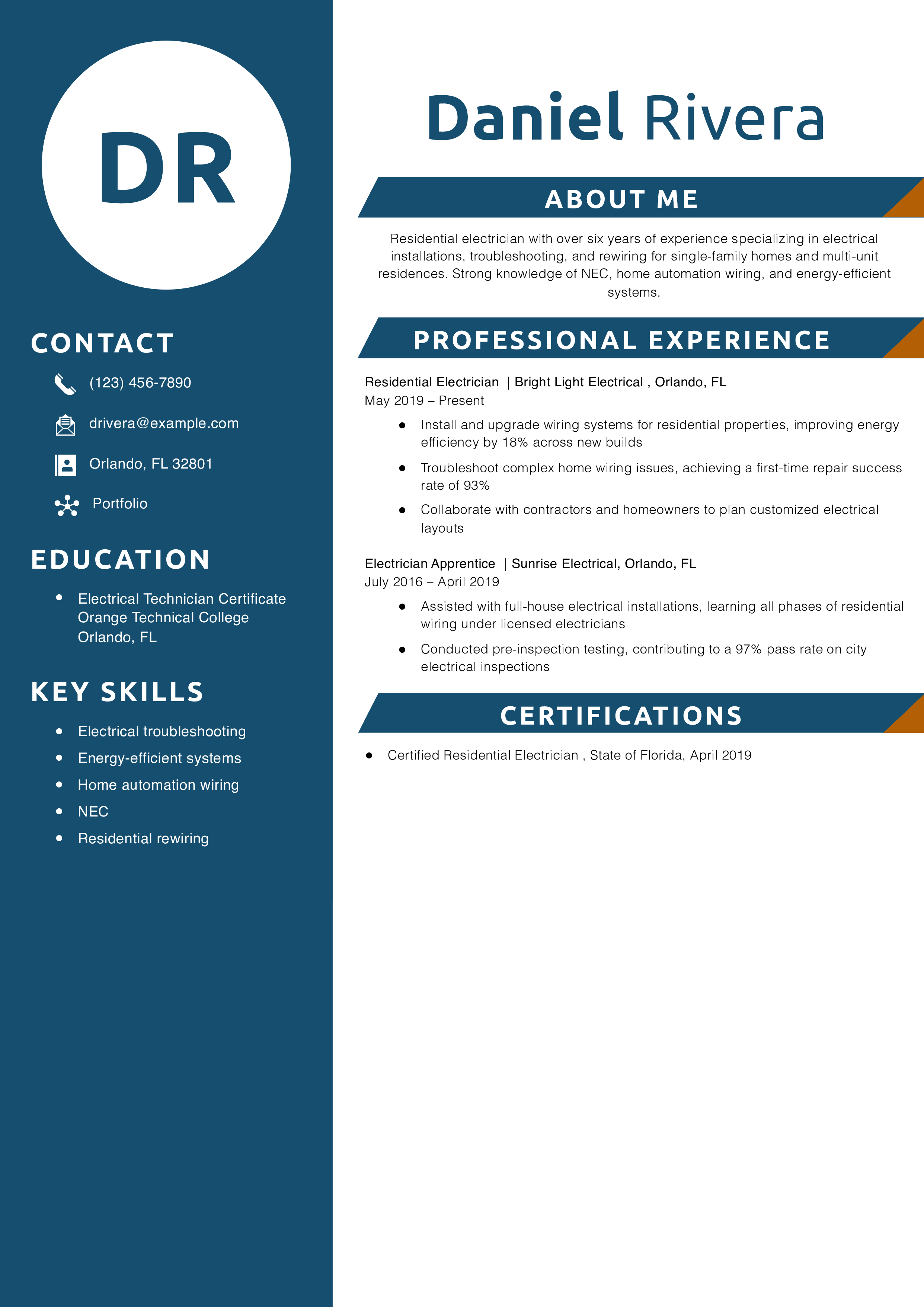 Residential Electrician Resume Example