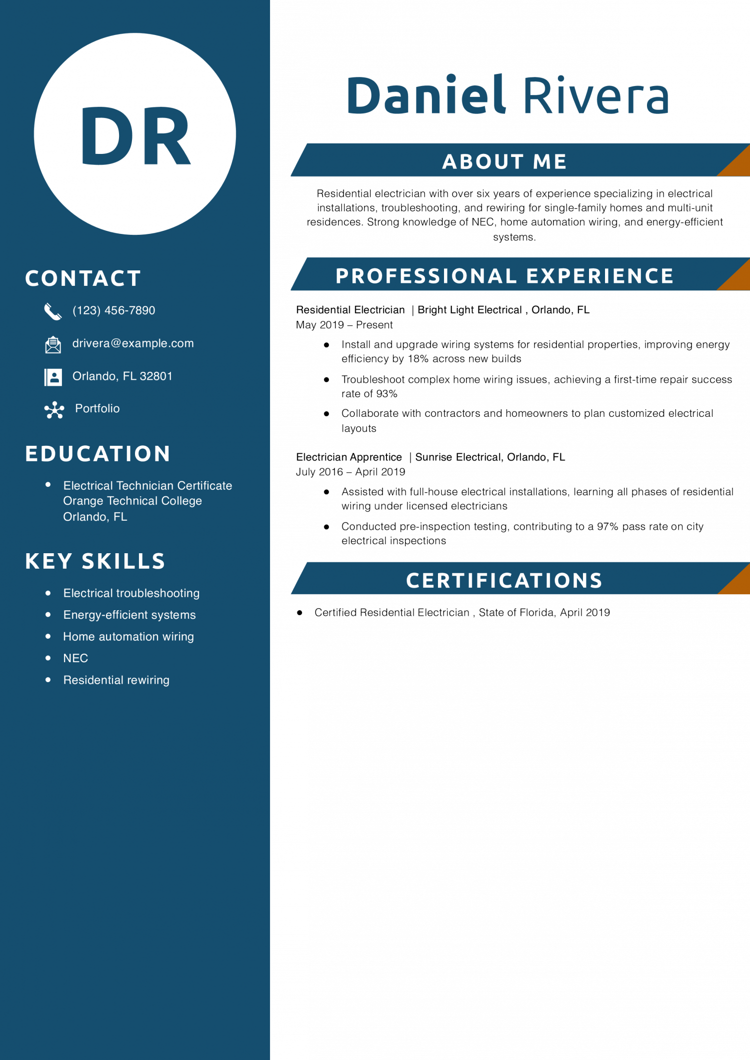 Residential Electrician Resume Example 