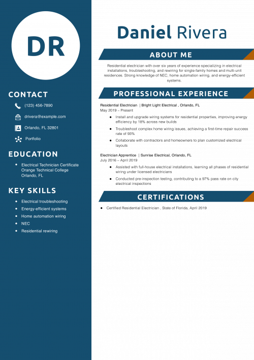Residential Electrician Resume Example 