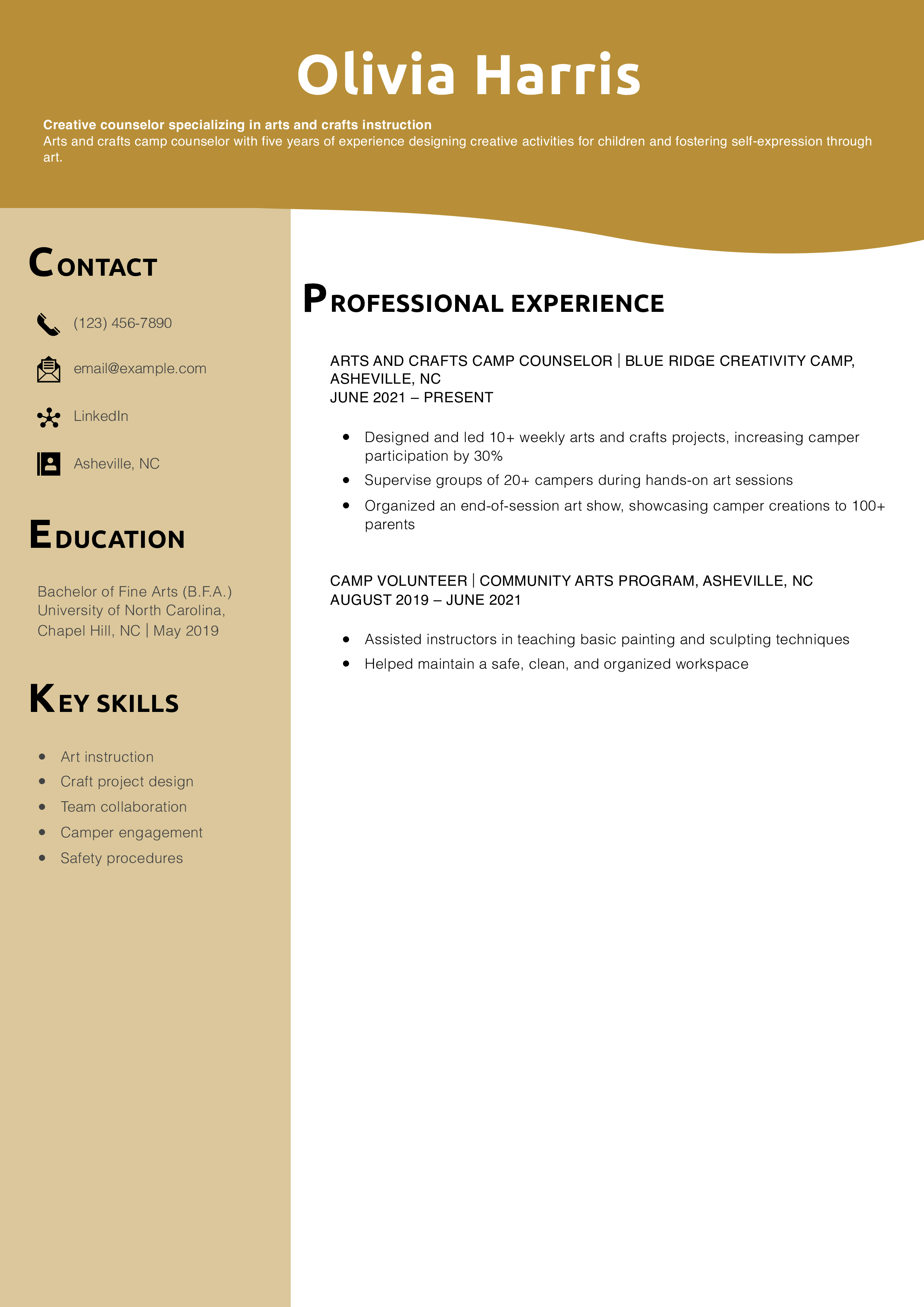 Arts and Crafts Camp Counselor Resume