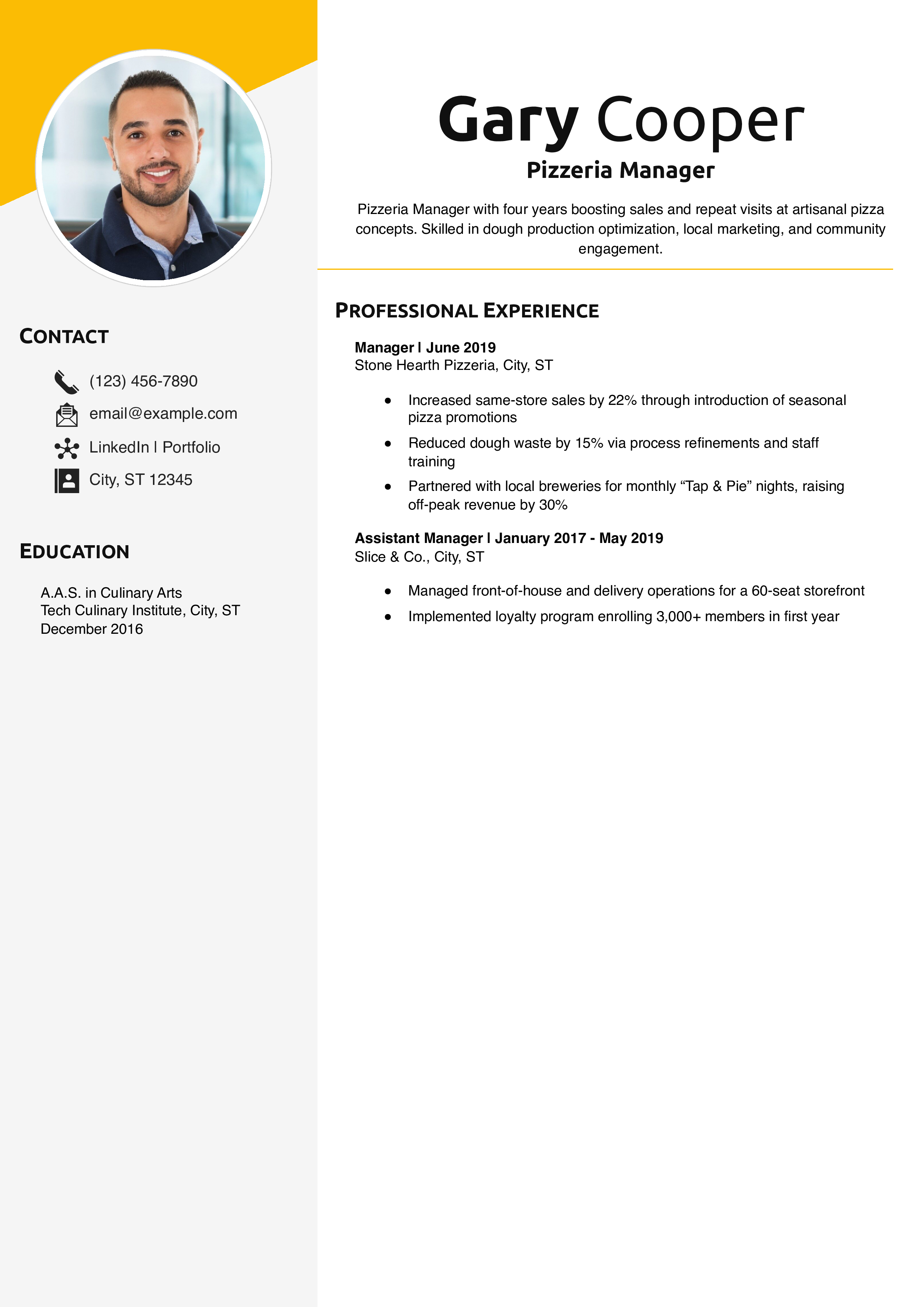 Pizzeria Manager Resume Example