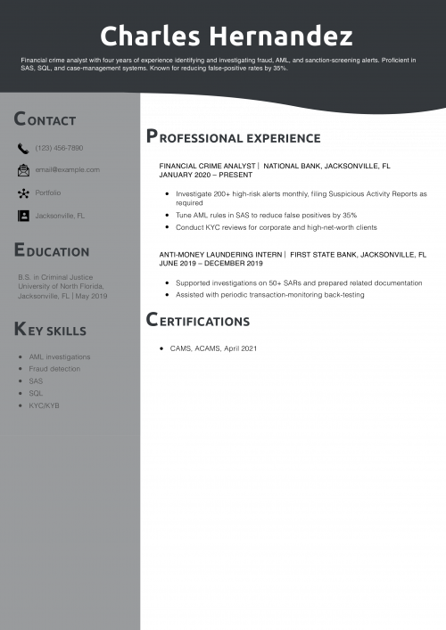 Financial Crime Analyst Resume Example