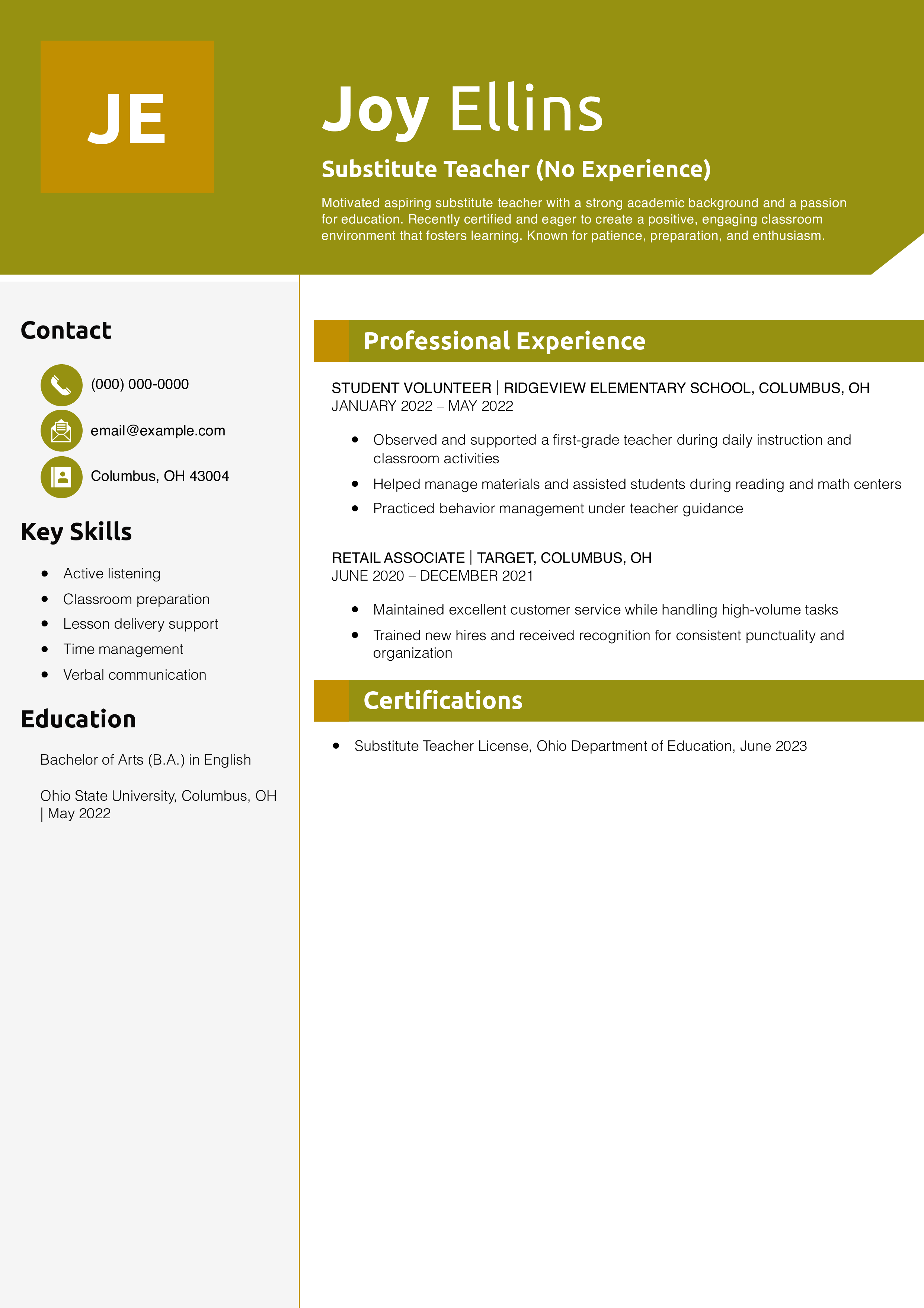 Substitute Teacher (No Experience) Resume Example