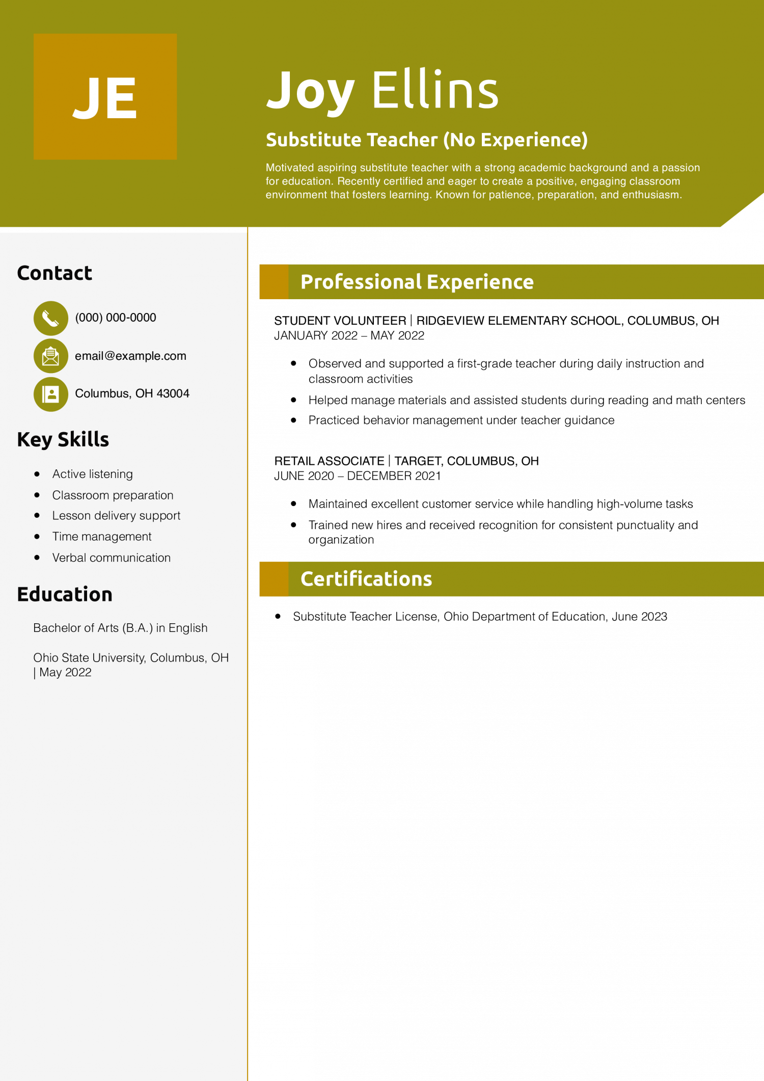 Substitute Teacher (No Experience) Resume Example
