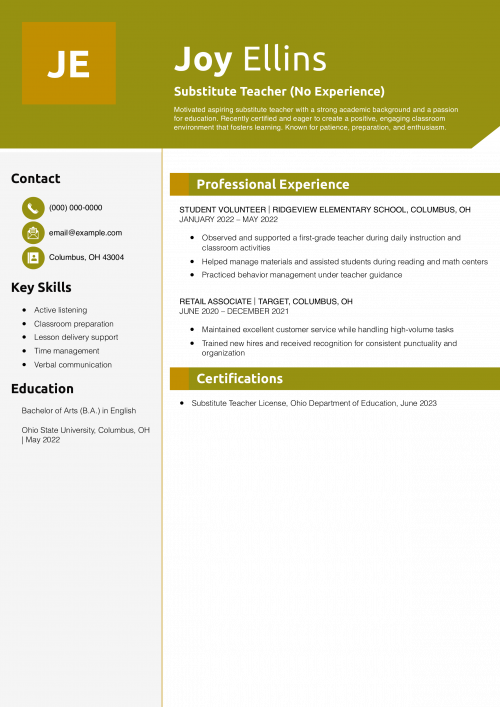 Substitute Teacher (No Experience) Resume Example